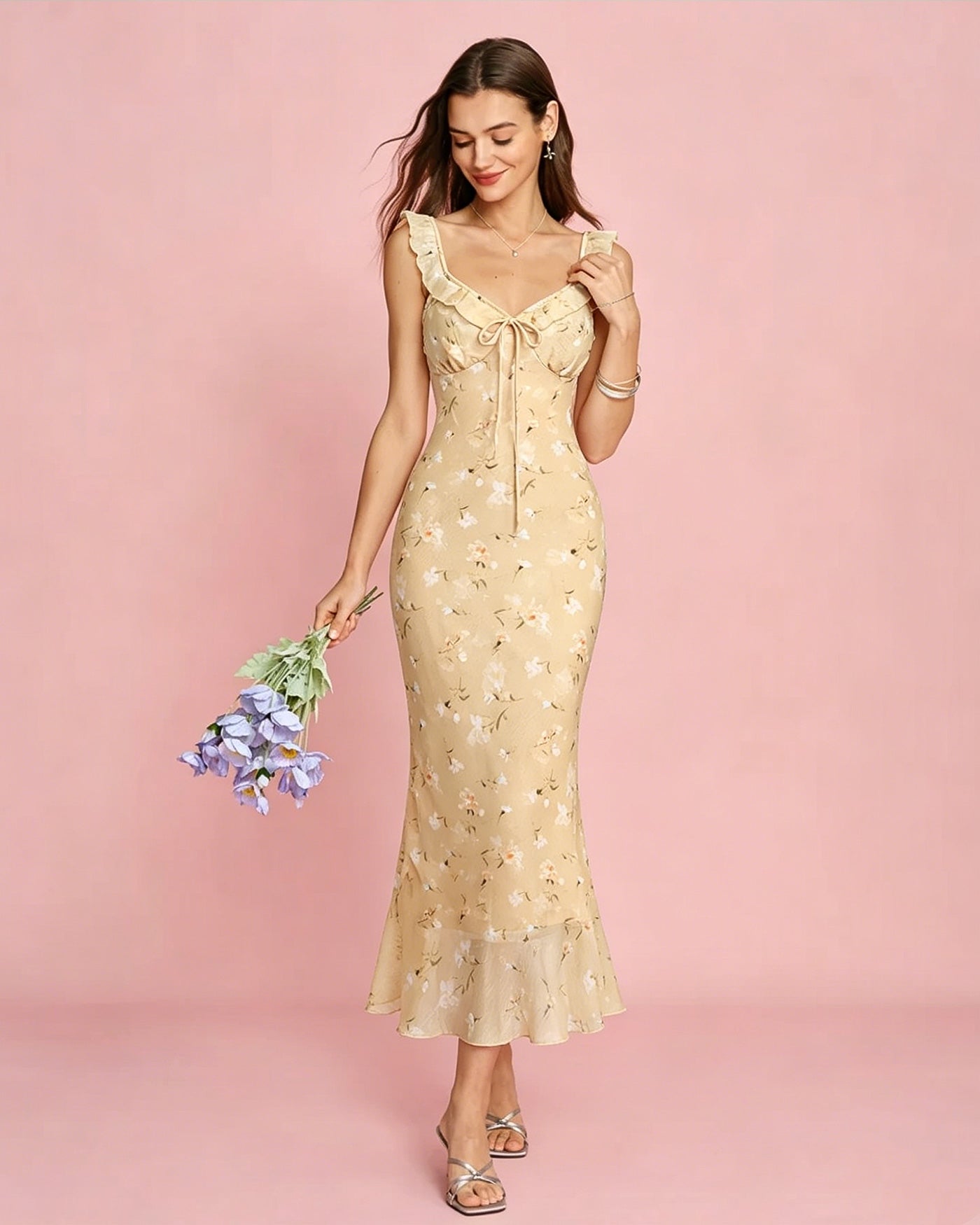 yellow-floral-ruched-ruffle-midi-dress