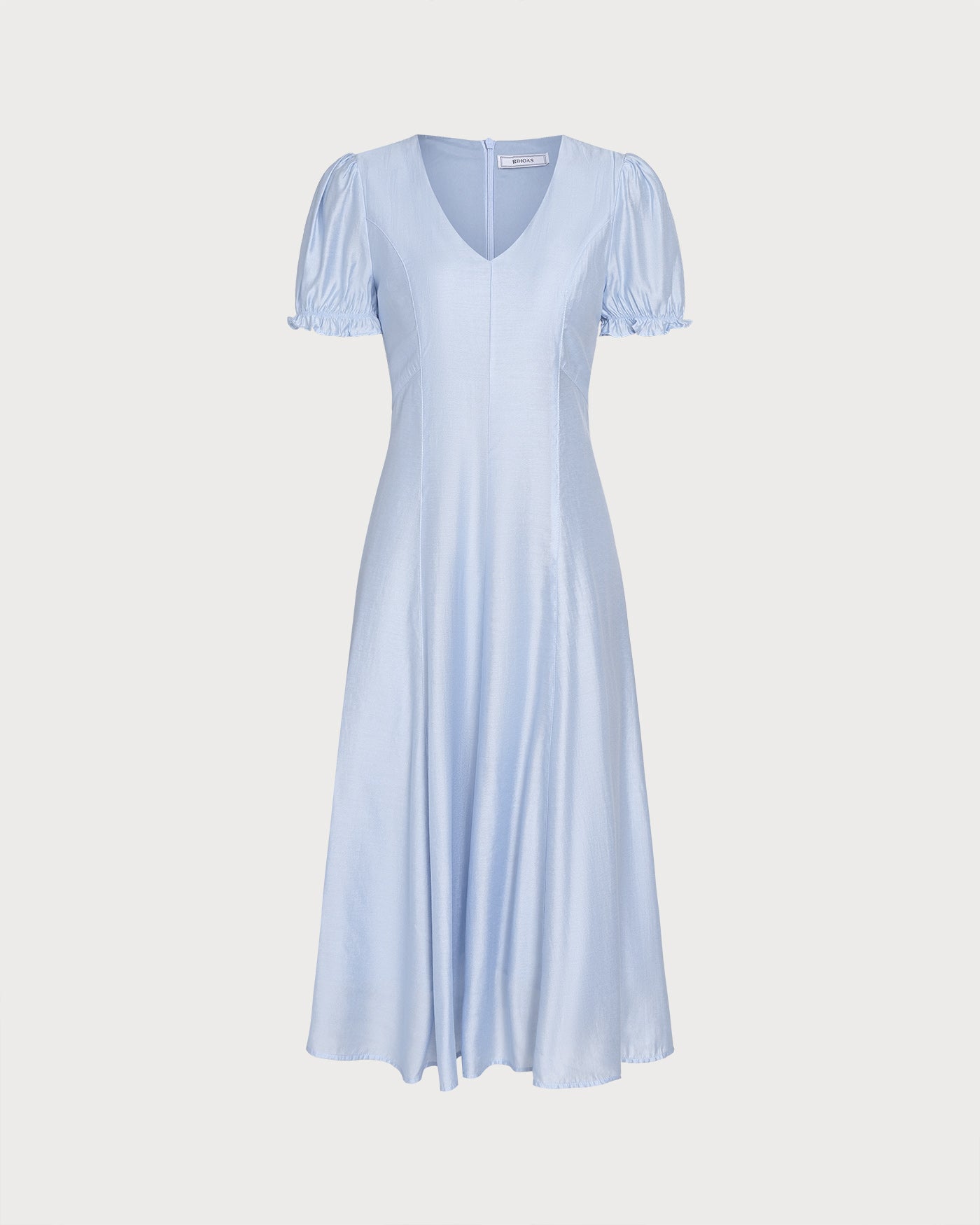 Blue V Neck Sheer Zipper Midi Dress