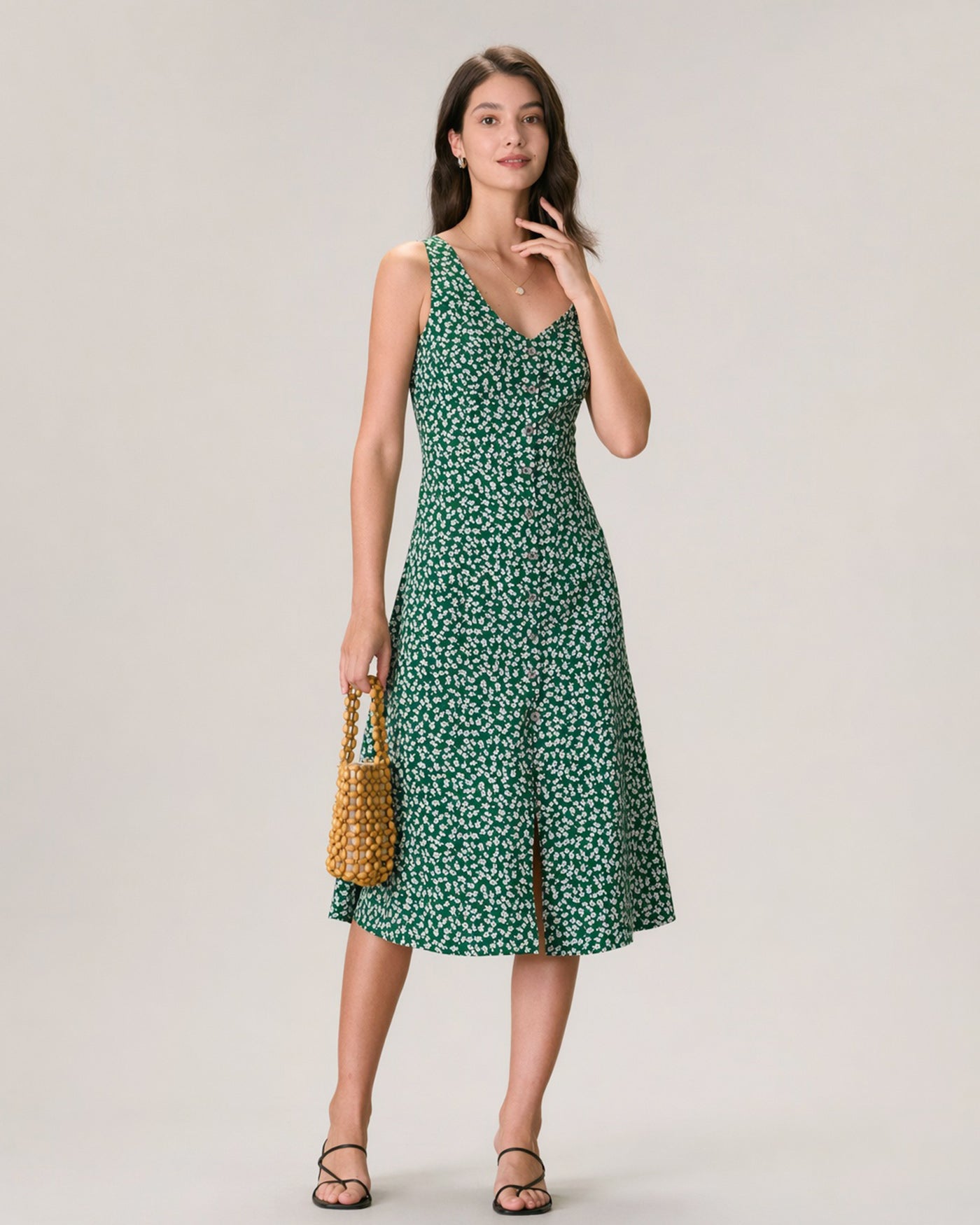 The Green V Neck Floral Button Midi Dress Dresses - RIHOAS