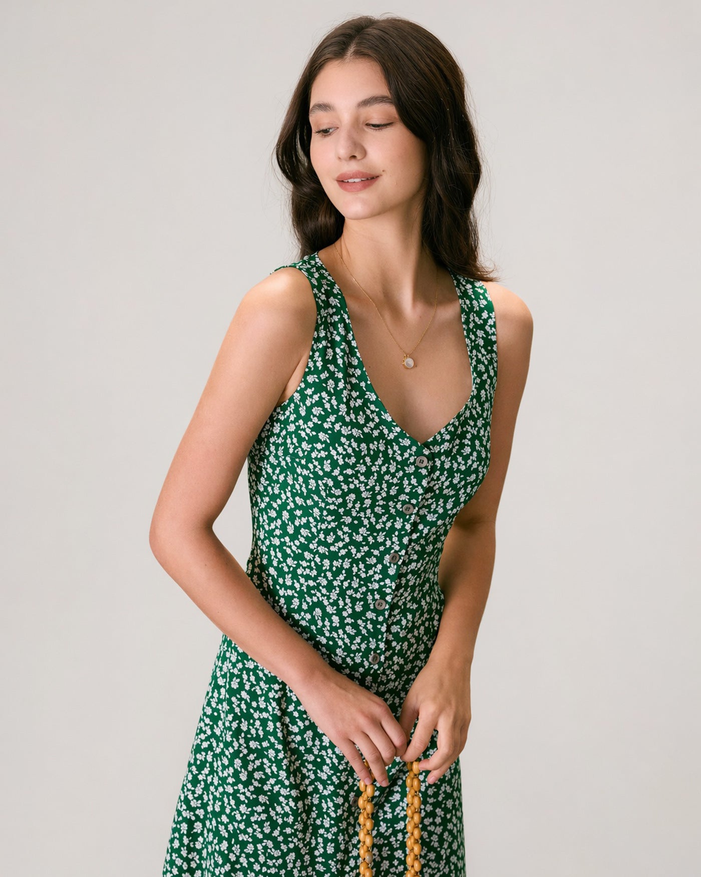 The Green V Neck Floral Button Midi Dress Dresses - RIHOAS