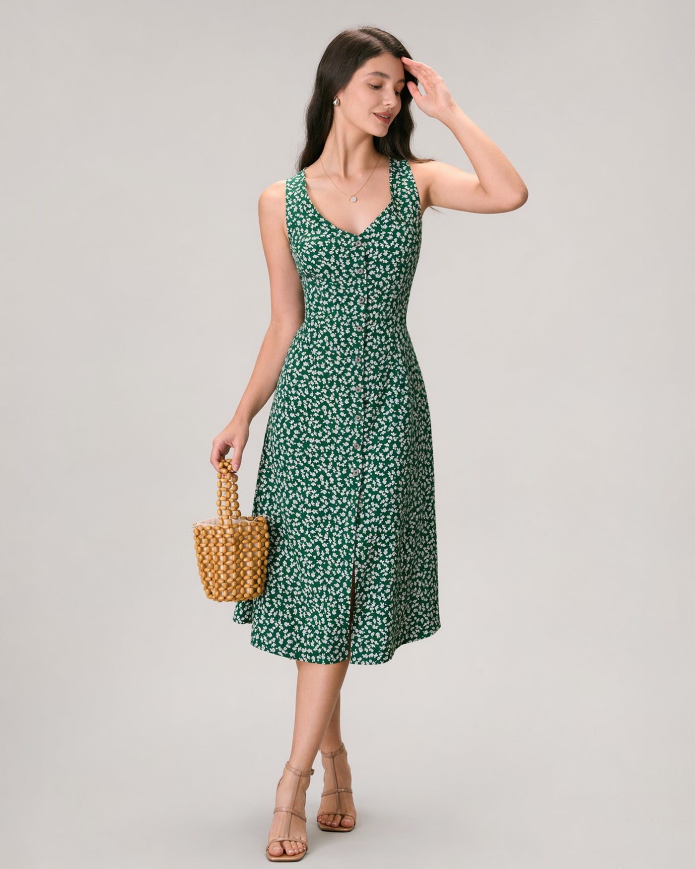 The Green V Neck Floral Button Midi Dress Dresses - RIHOAS