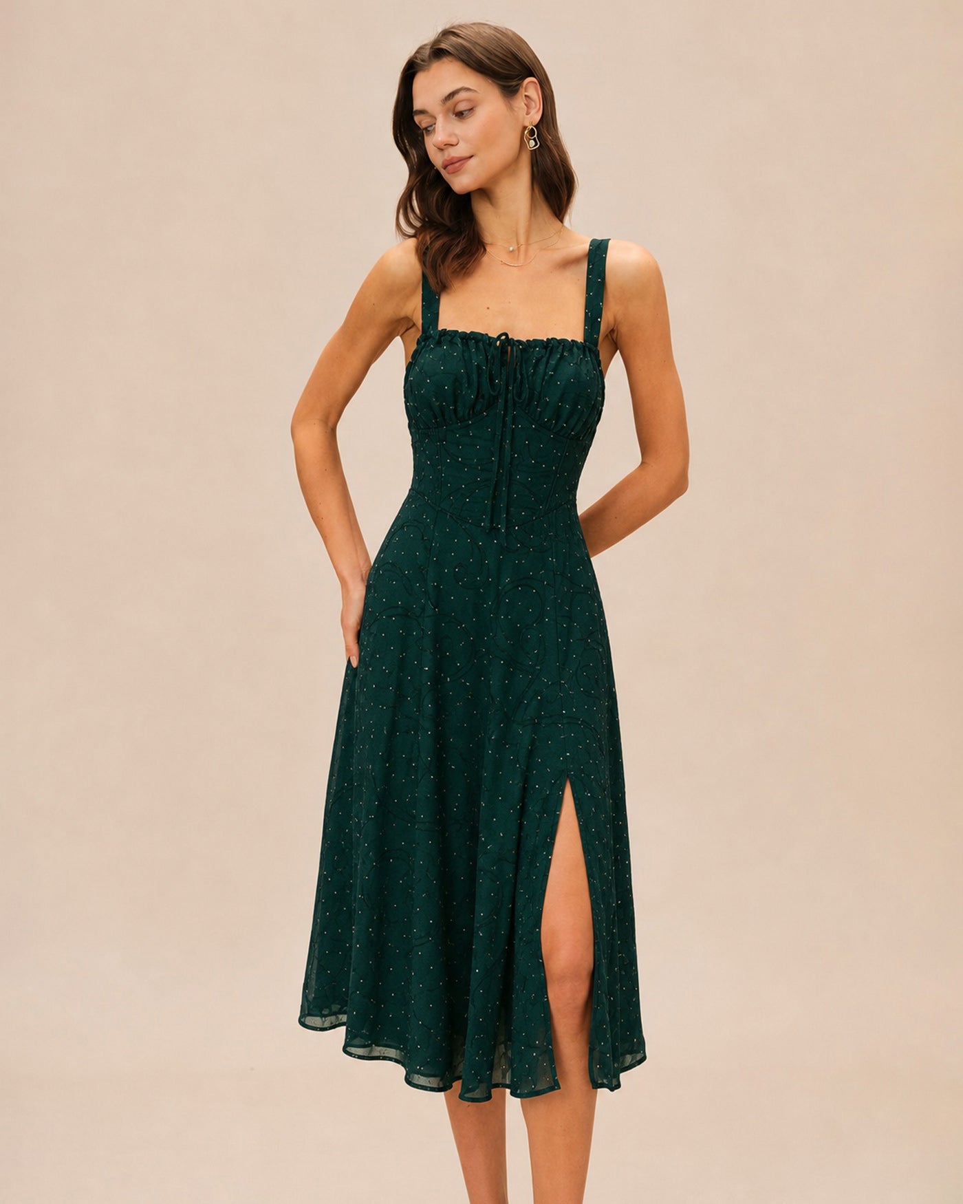 The Square Neck Jacquard Slit Midi Dress Dresses - RIHOAS
