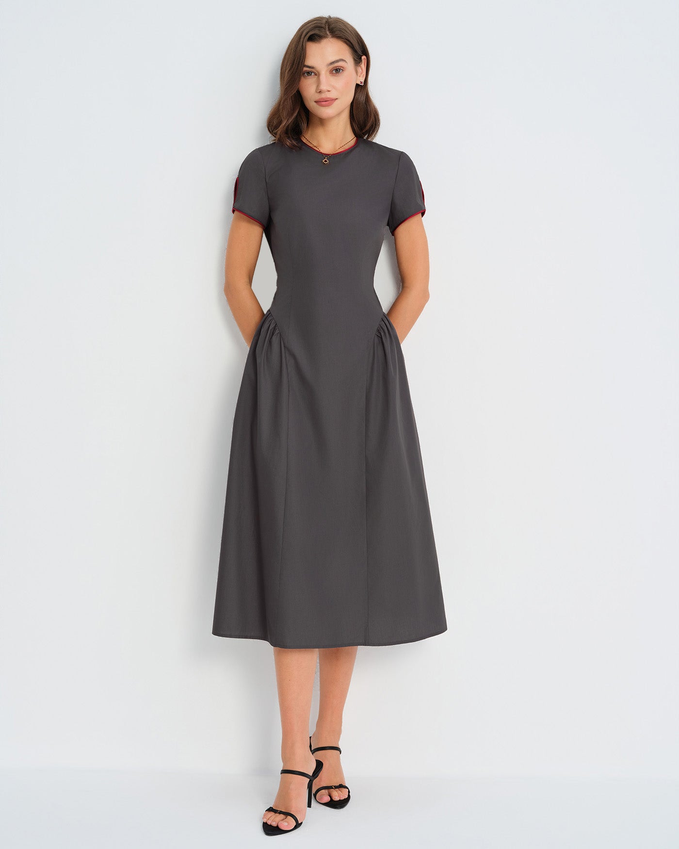 Women'S Woven Polyester Midi Dress Grey Dresses - RIHOAS