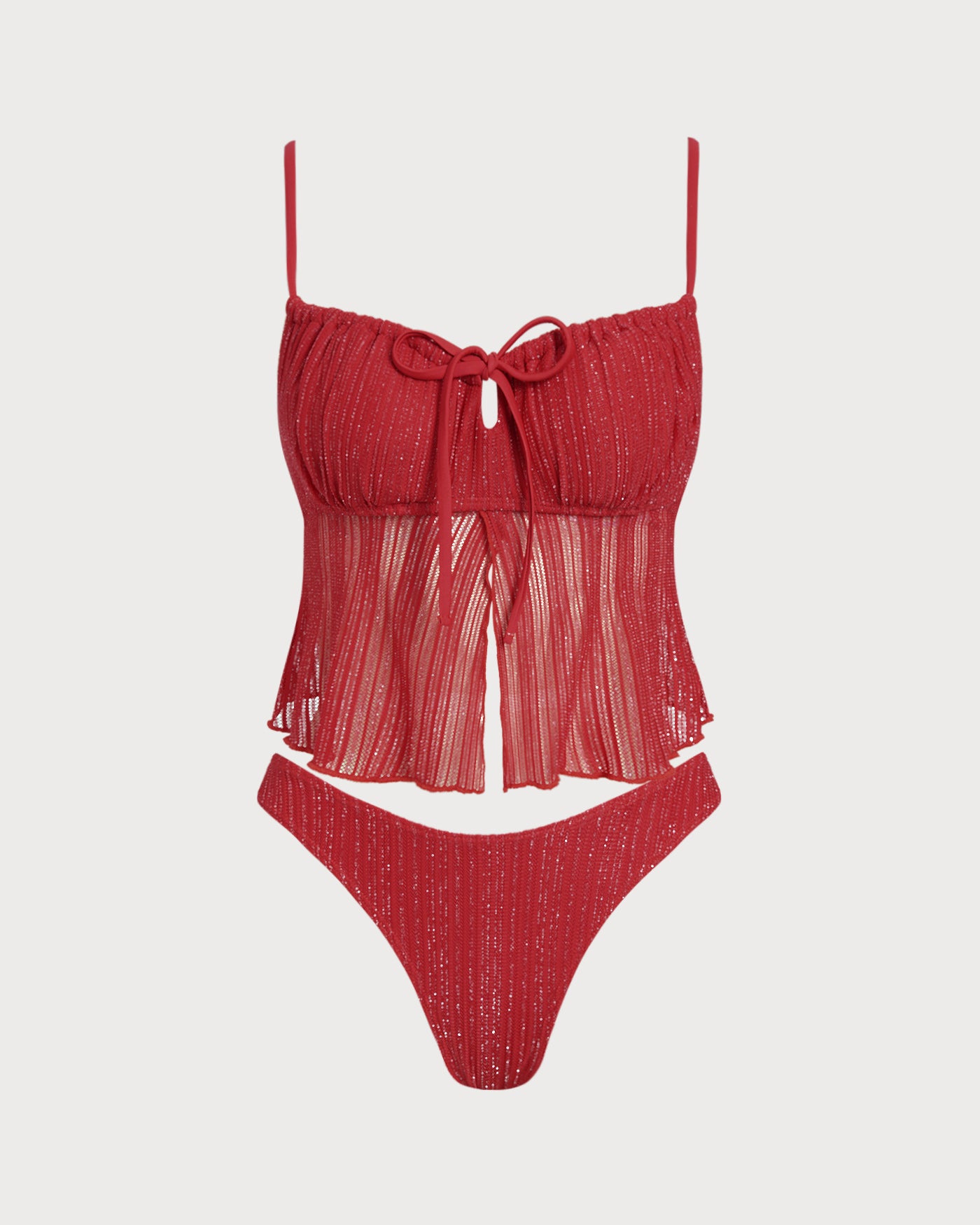 Women's Knitted Nylon Silver Thread Tankini Set Red Tankinis - RIHOAS