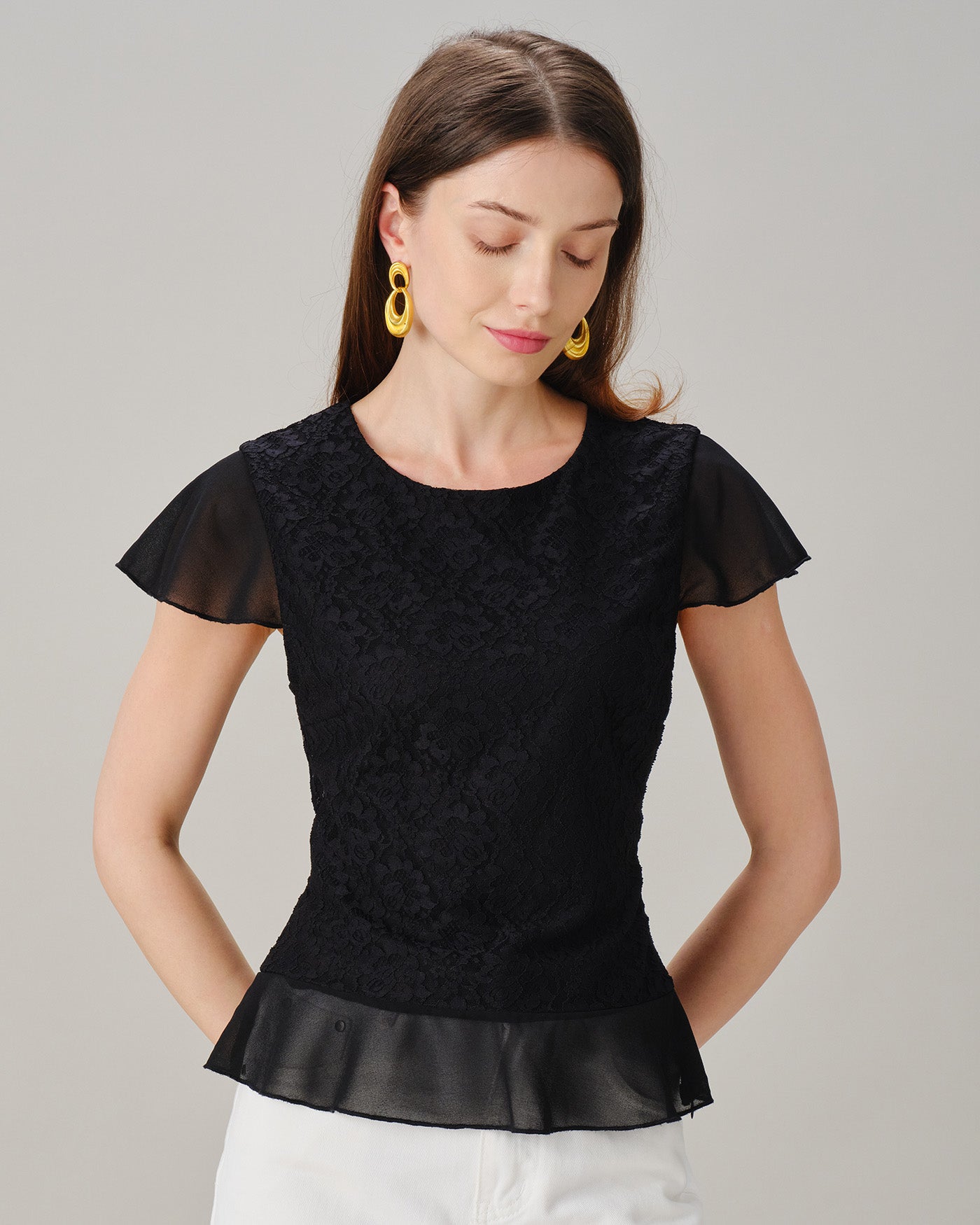 Women's Knitted Nylon Tees Black Tops - RIHOAS