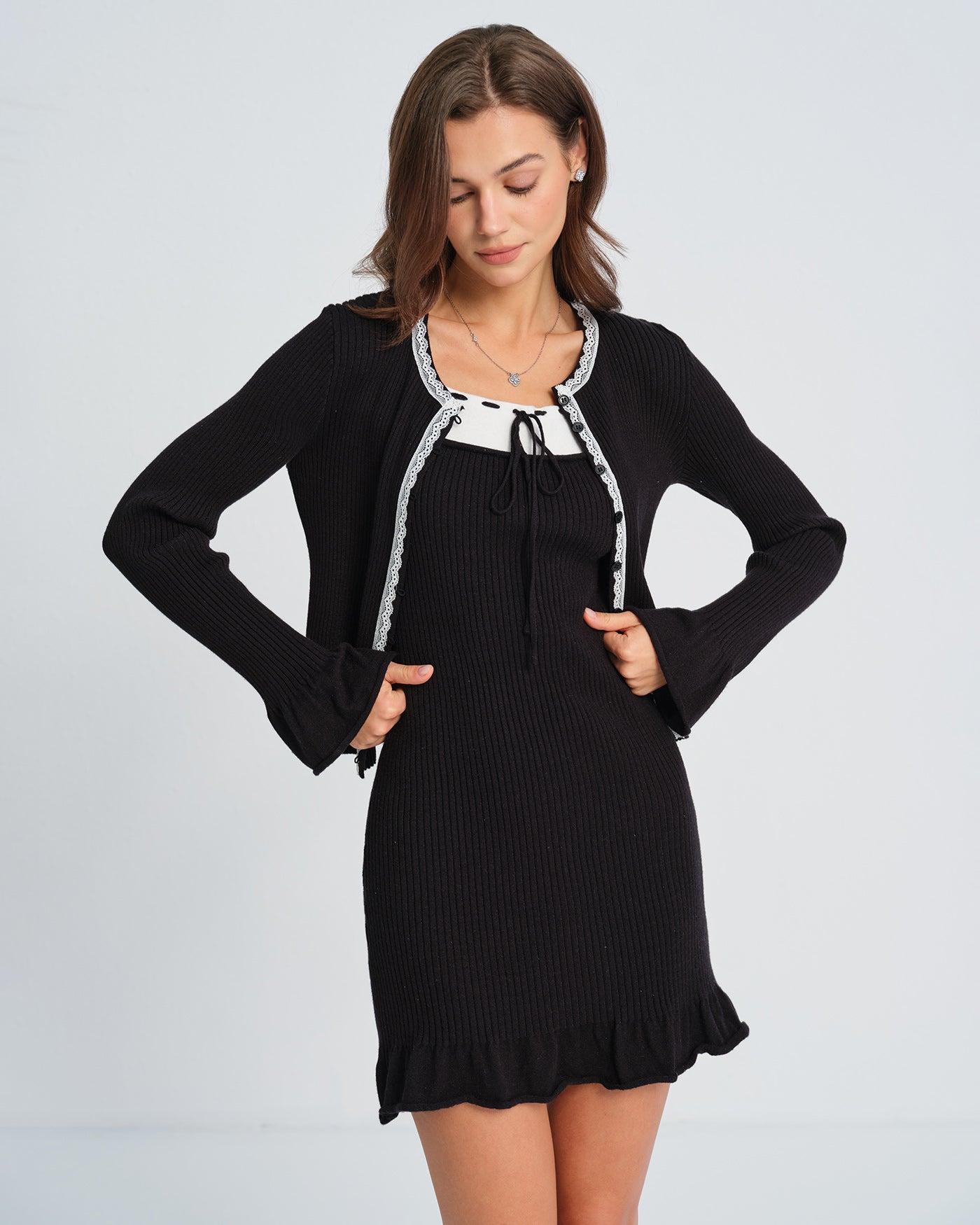 Women's Knitted Polyester Knit Cardigans Black Tops - RIHOAS
