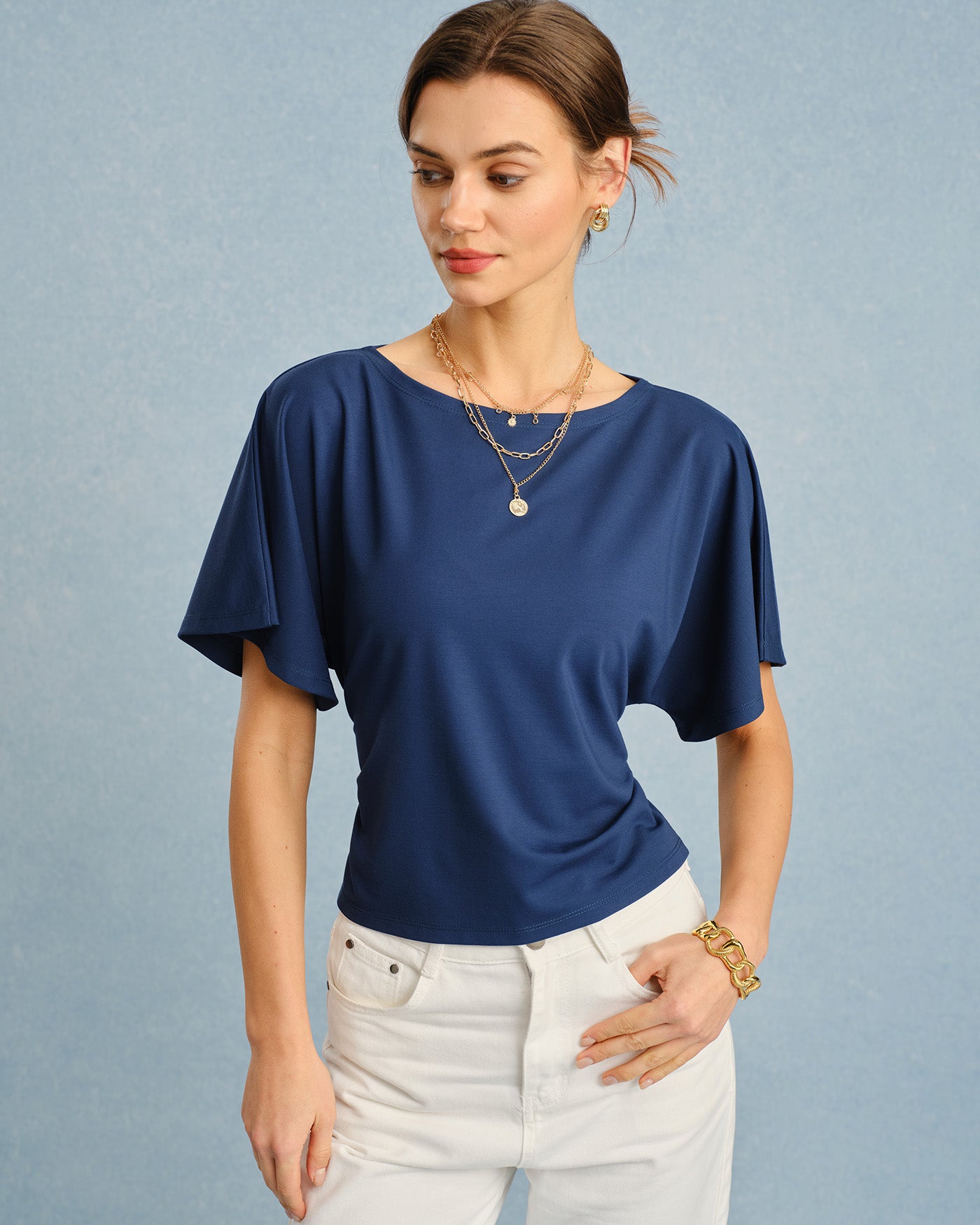 Women's Knitted Polyester Tees Blue Tops - RIHOAS