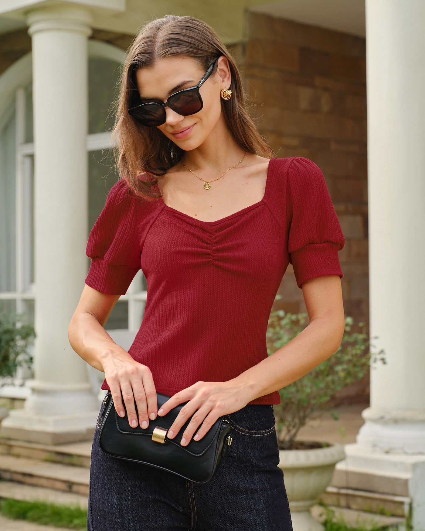 Women's Knitted Polyester Tees Red Tops - RIHOAS