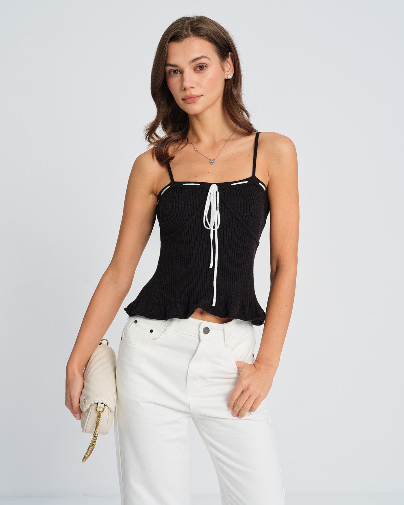 Women's Knitted Viscose Camis Black Tops - RIHOAS