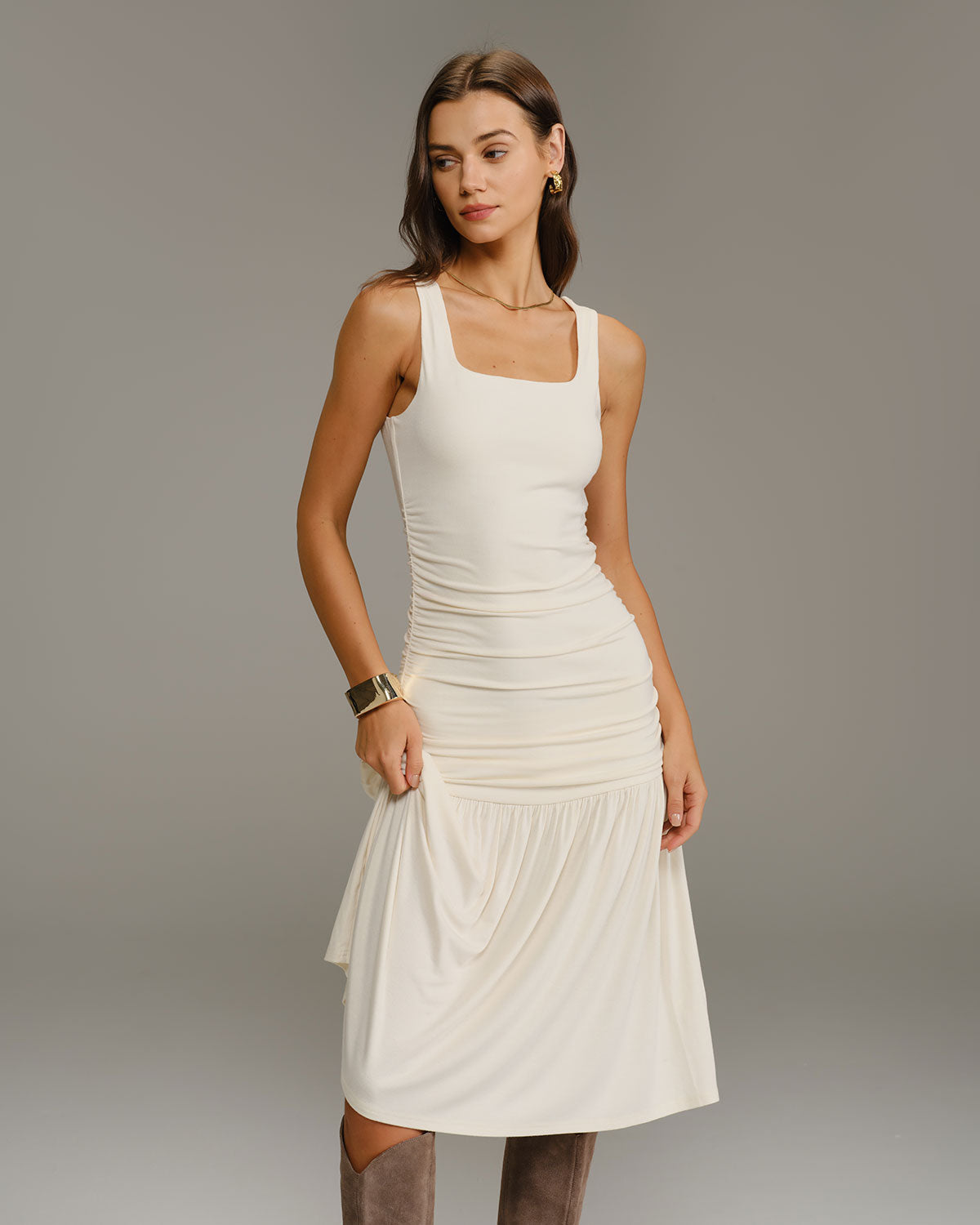 Women's Knitted Viscose Midi Dress Beige Dresses - RIHOAS