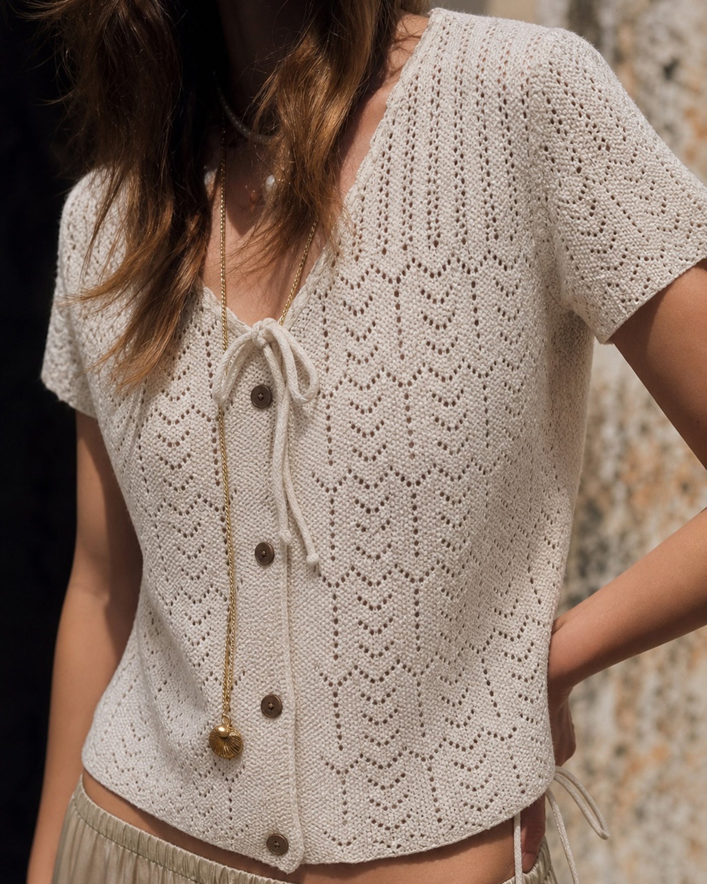 Women's Polyester Knit Sweater Beige Tops - RIHOAS
