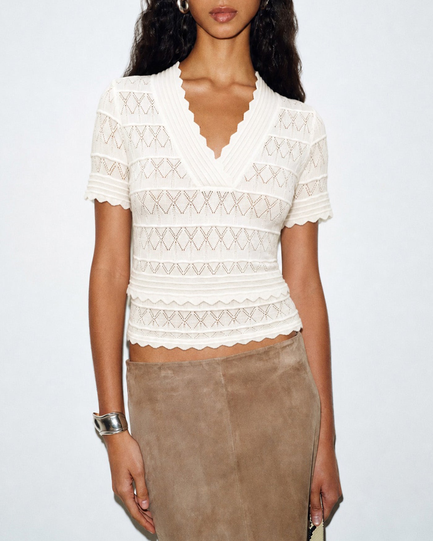 Women's Polyester Knit Sweater Off White Tops - RIHOAS