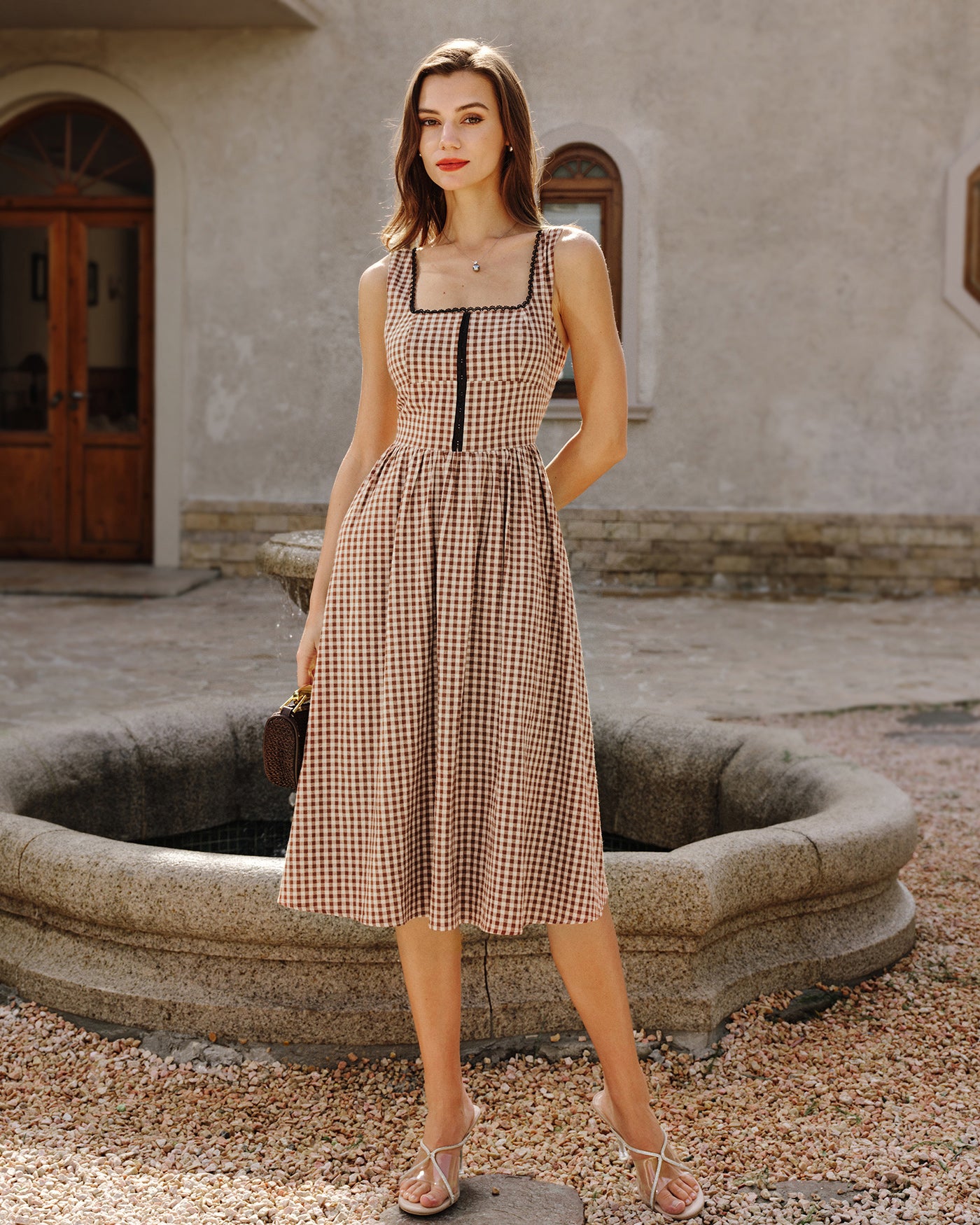 Women's Woven Cotton Midi Dress Brown Dresses - RIHOAS