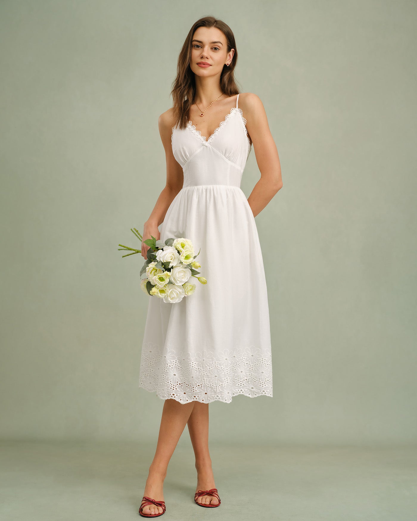 Women's Woven Cotton Midi Dress White Dresses - RIHOAS