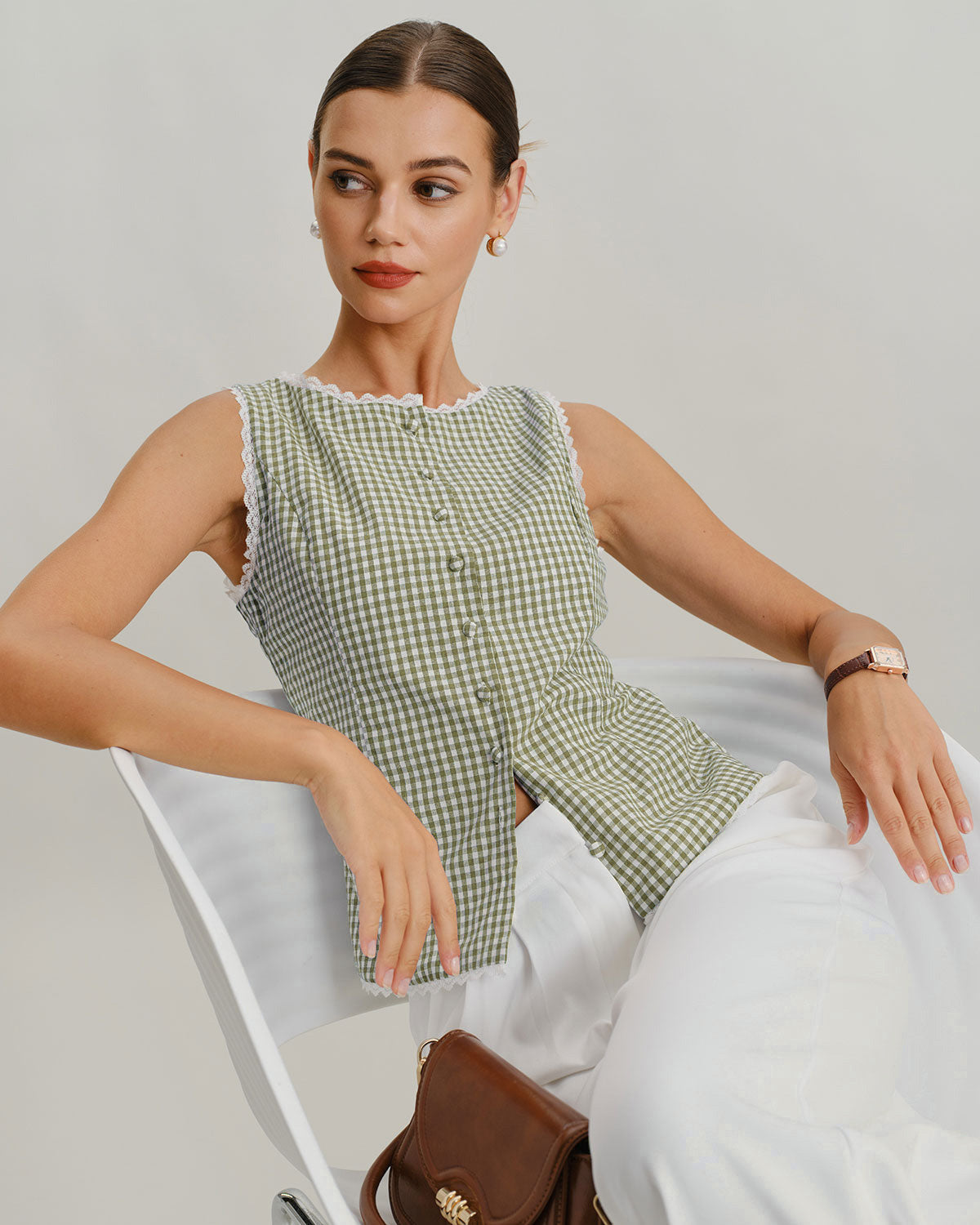 Women's Woven Cotton Tank Top Light Green Tops - RIHOAS