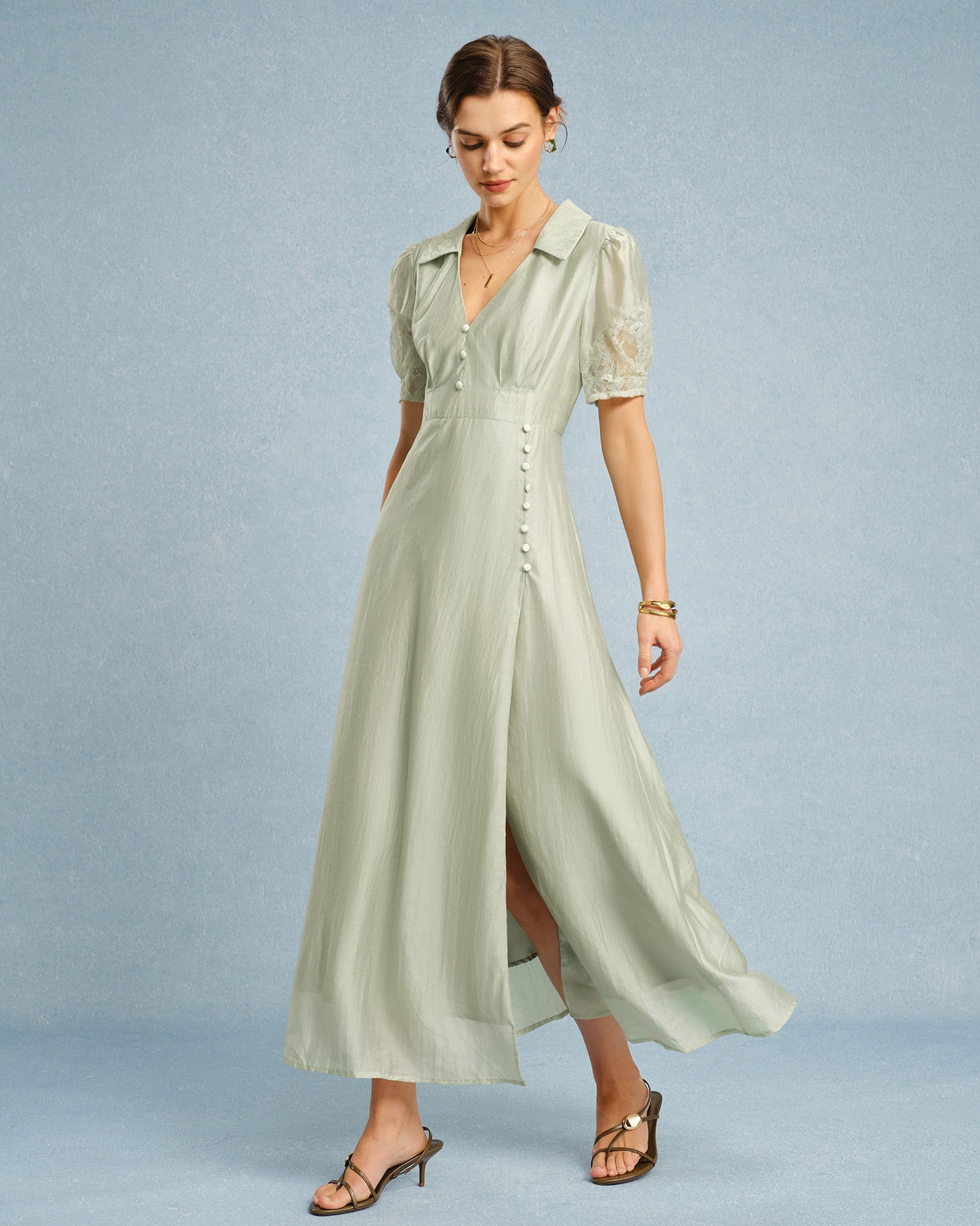 Women's Woven Polyester Maxi Dress Green Dresses - RIHOAS