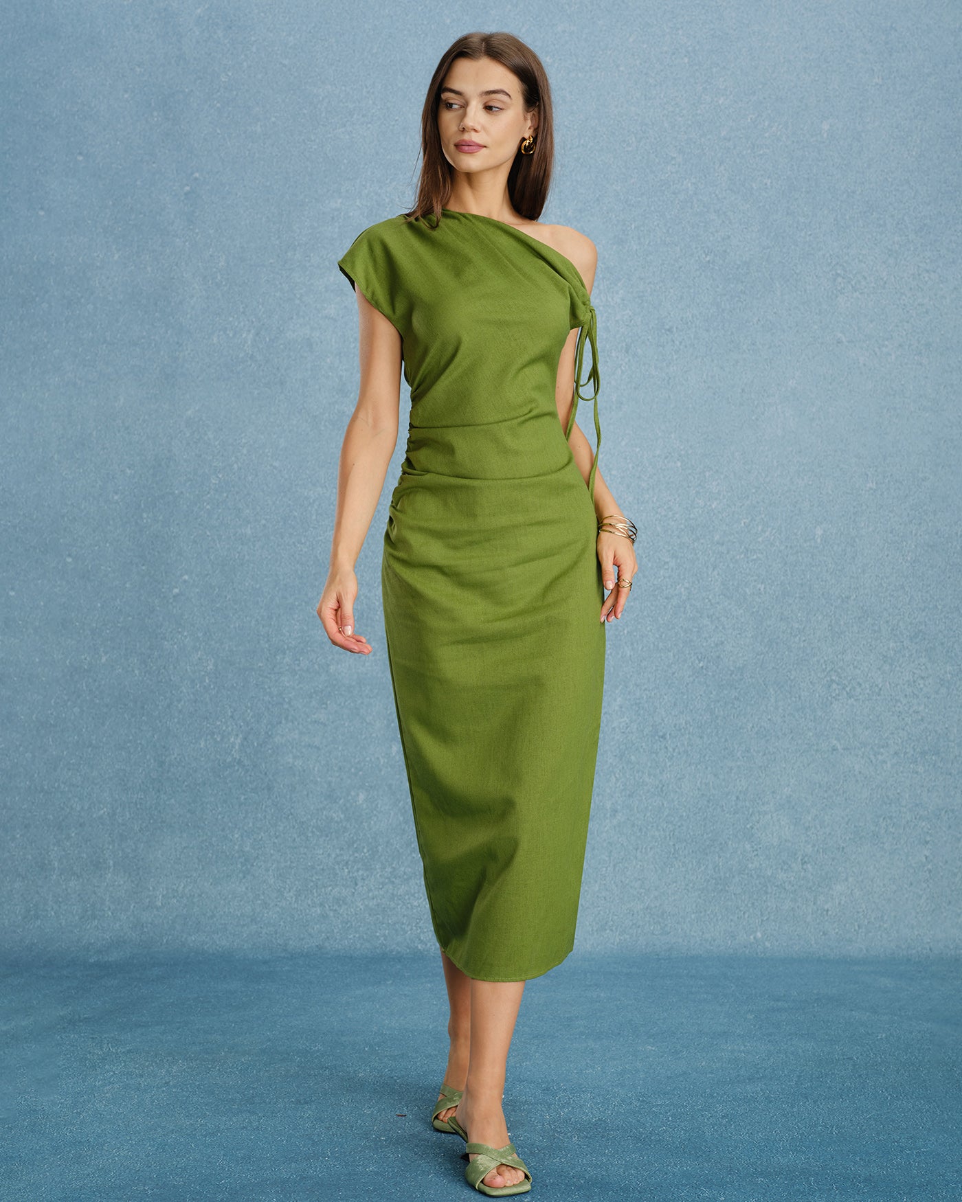 Women's Woven Polyester Maxi Dress Green Dresses - RIHOAS