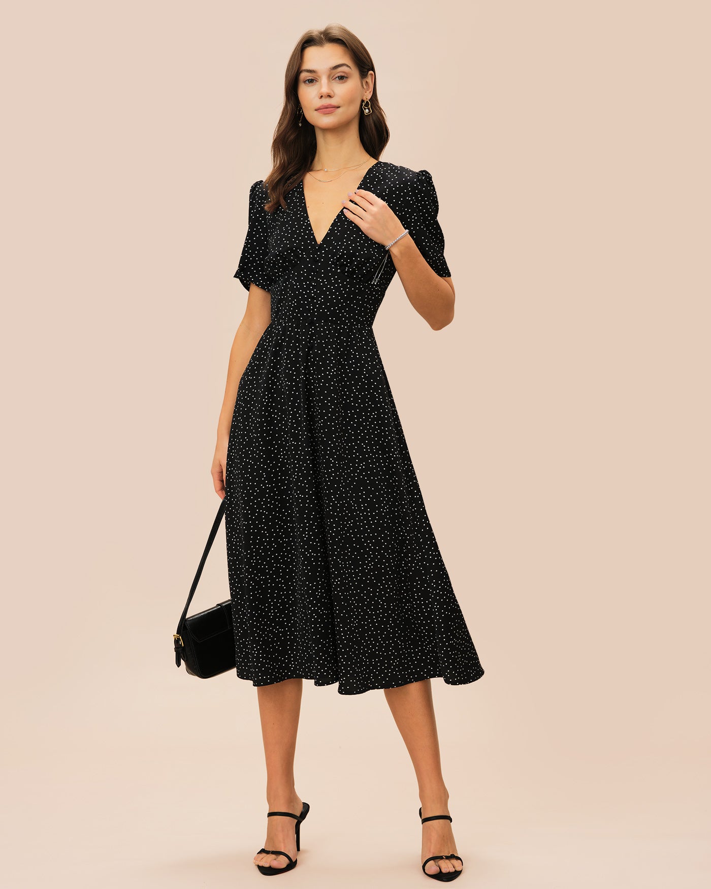 Women's Woven Polyester Midi Dress Black Dresses - RIHOAS