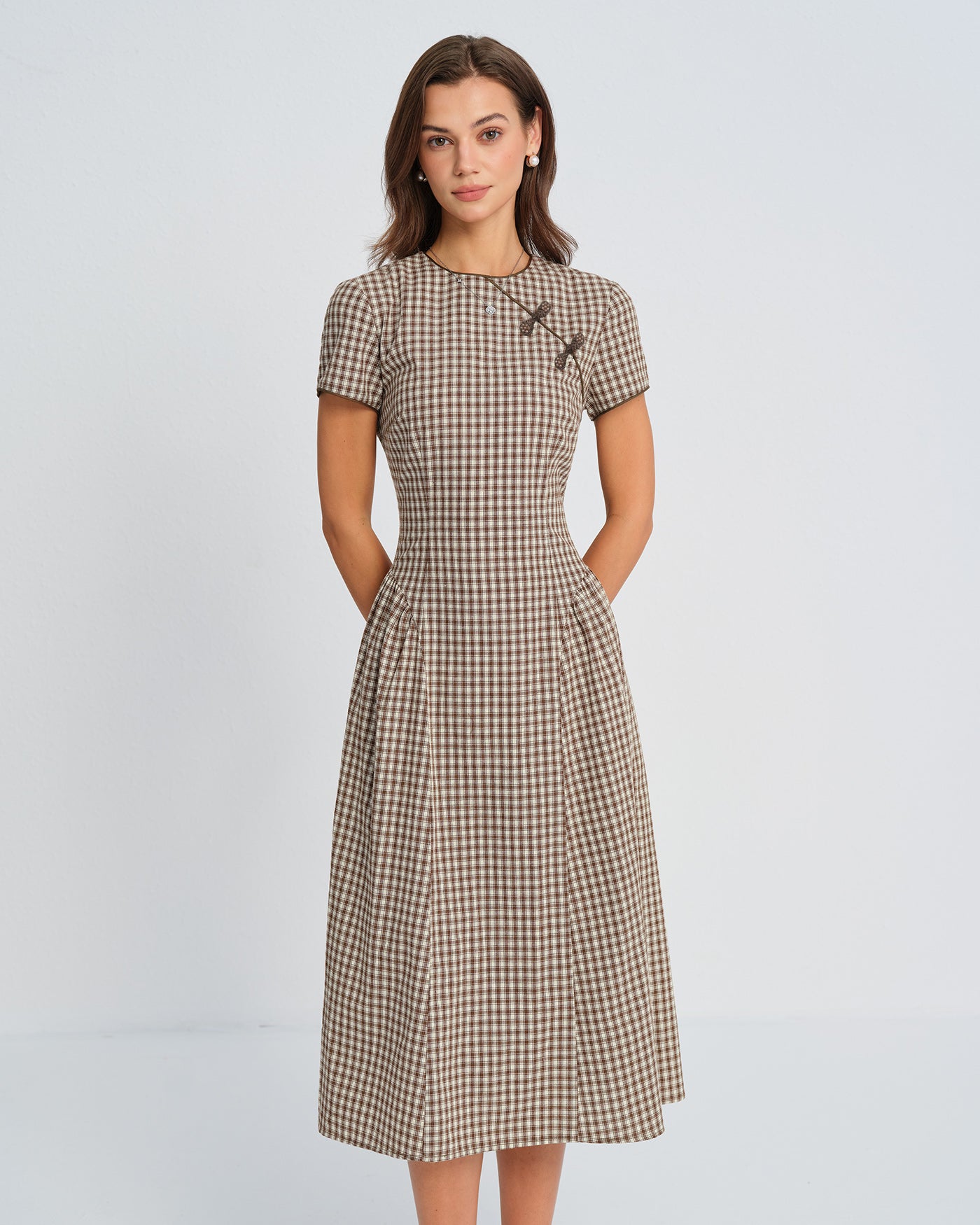 Women's Woven Polyester Midi Dress Brown Dresses - RIHOAS