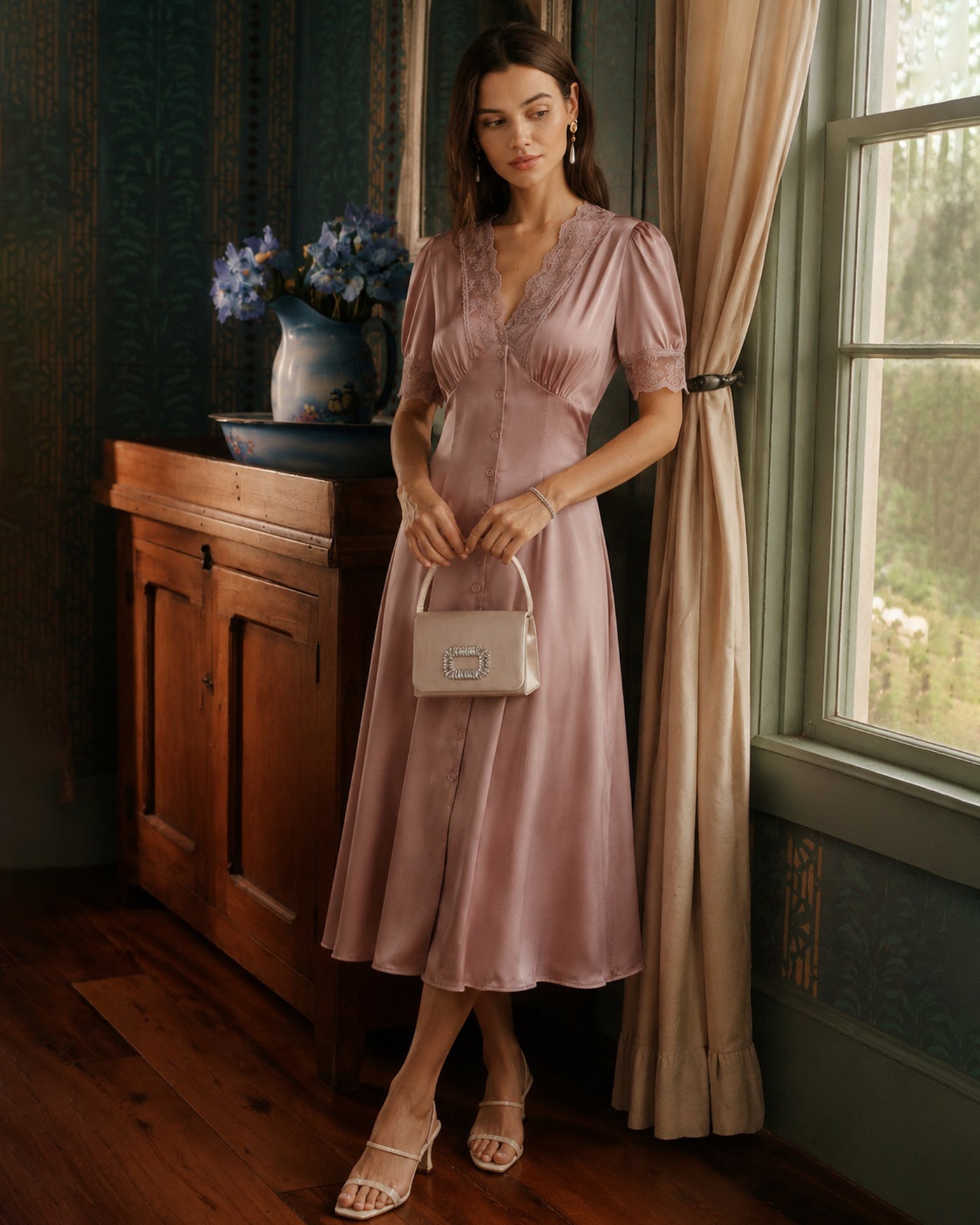 Women's Woven Polyester Midi Dress Dresses - RIHOAS