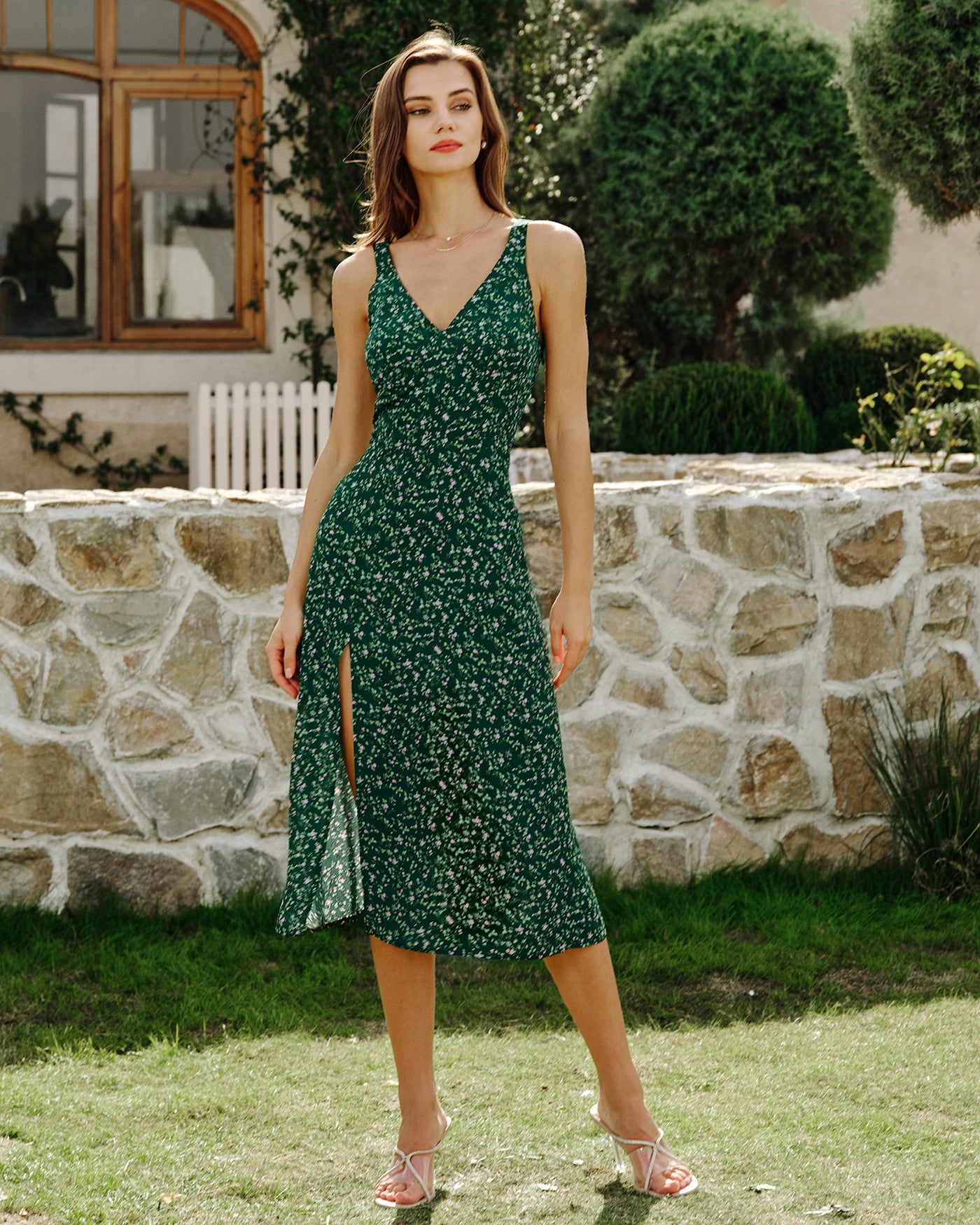 Women's Woven Polyester Midi Dress Green Dresses - RIHOAS