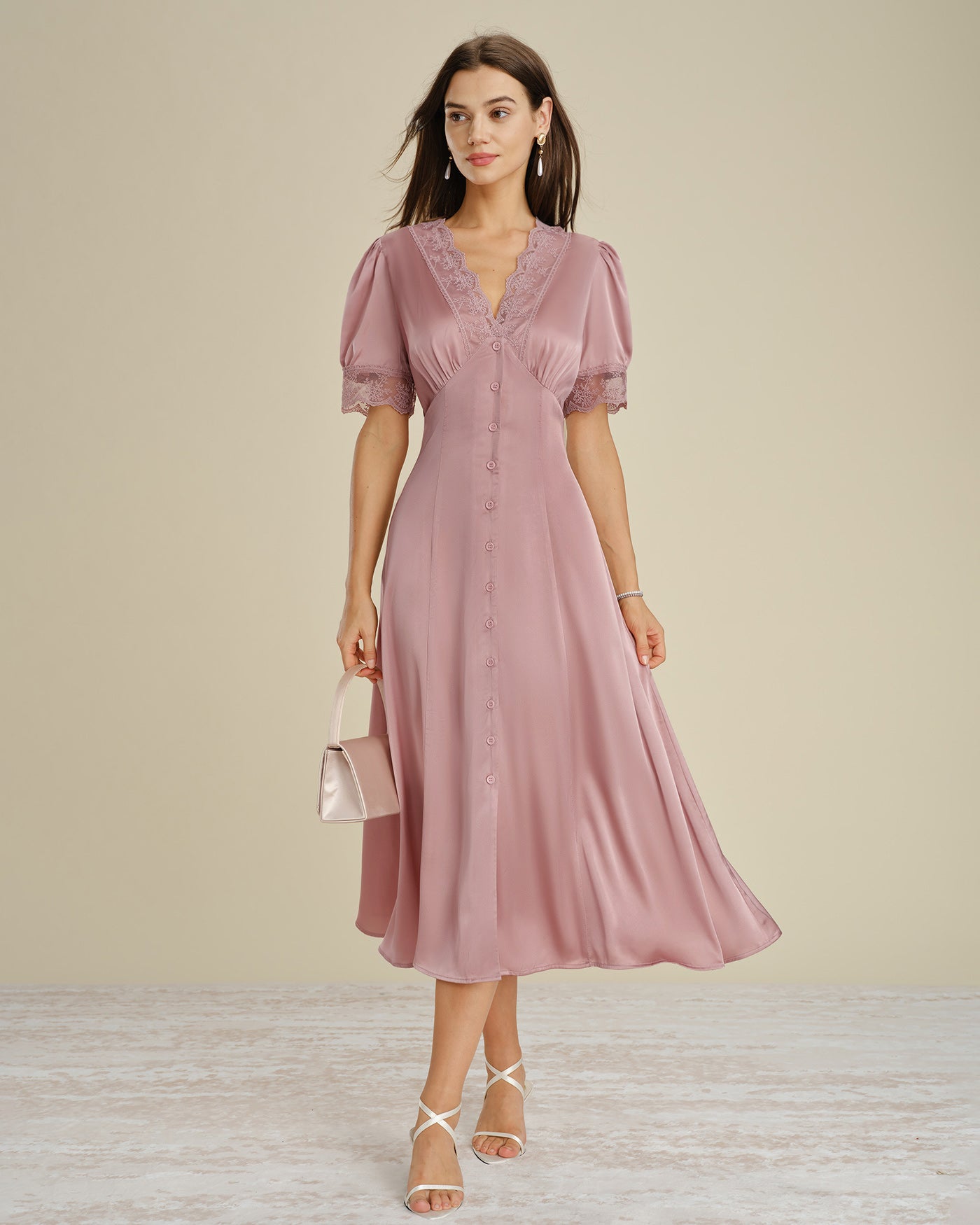 Women's Woven Polyester Midi Dress Pink Dresses - RIHOAS