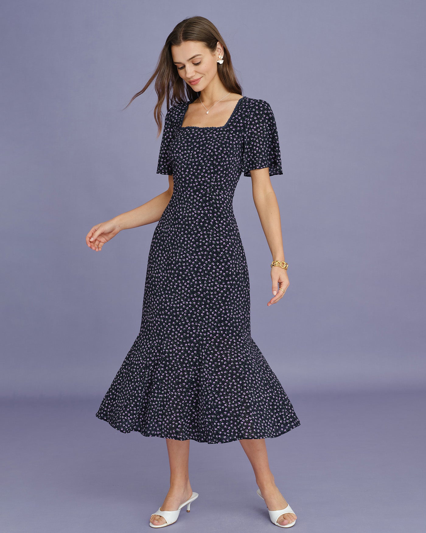 Women's Woven Polyester Midi Dress Purple Dresses - RIHOAS