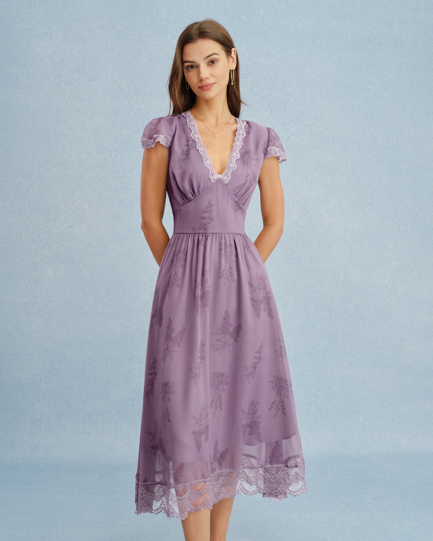 Women's Woven Polyester Midi Dress Purple Dresses - RIHOAS