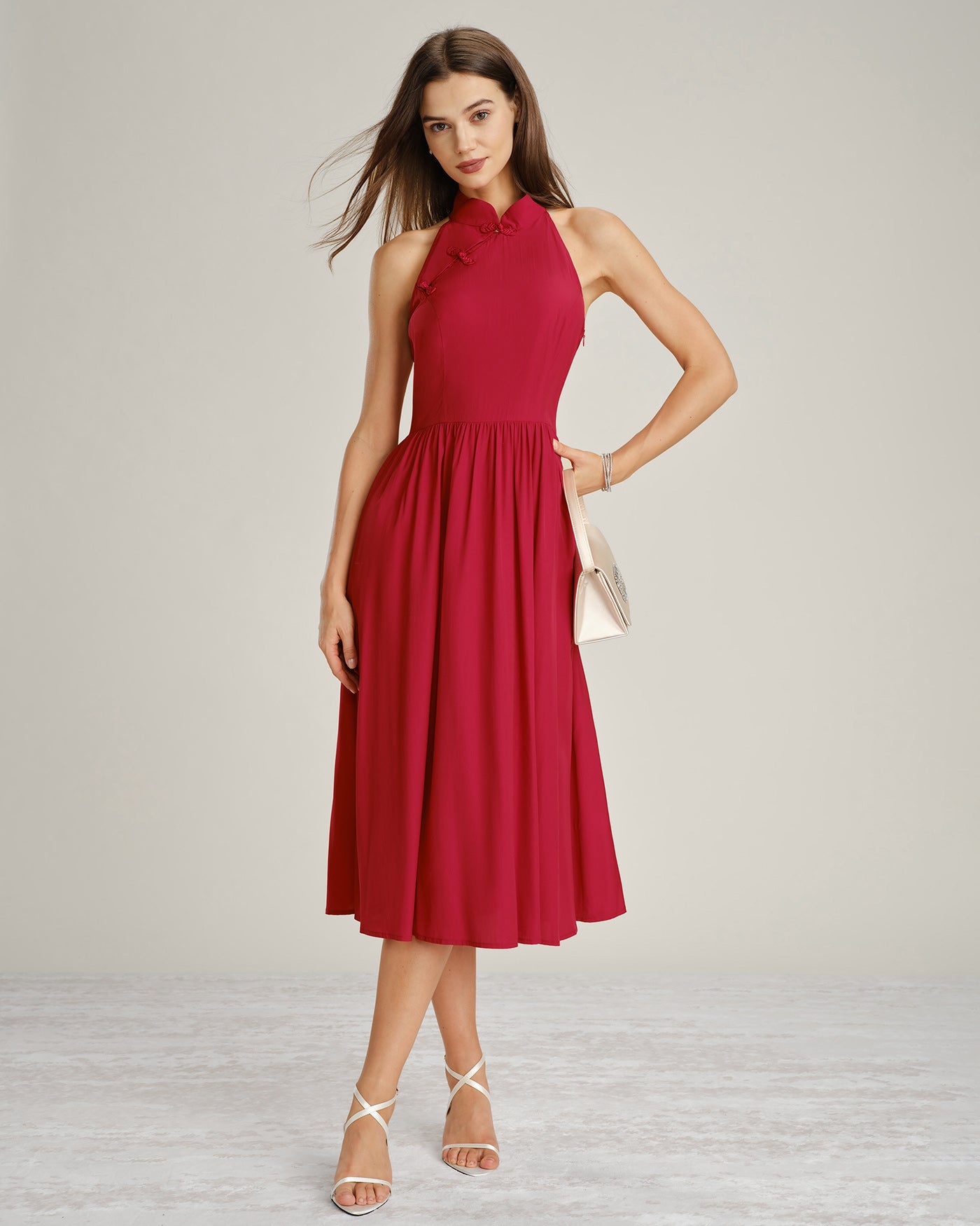 Women's Woven Polyester Midi Dress Red Dresses - RIHOAS