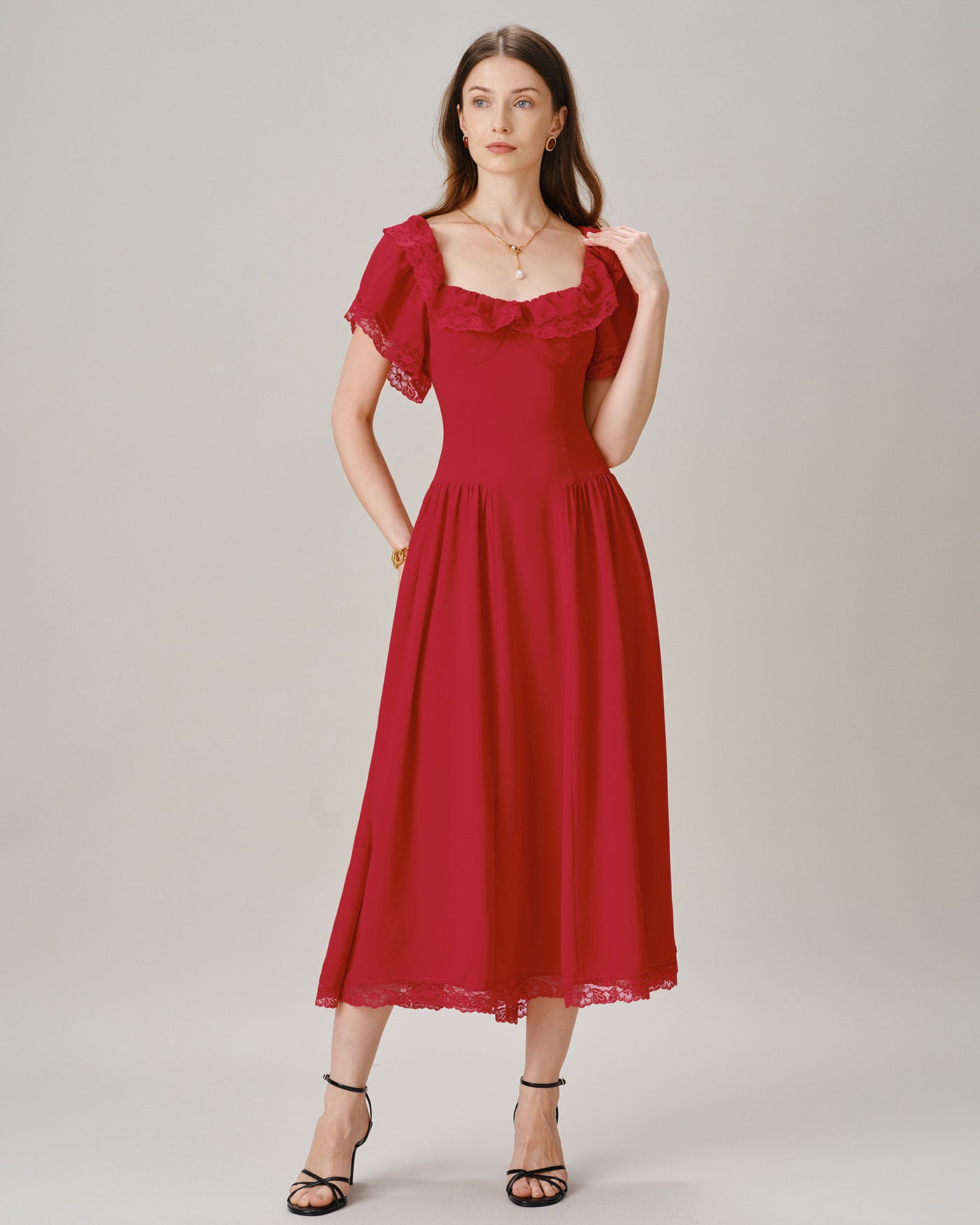 Women's Woven Polyester Midi Dress Red Dresses - RIHOAS
