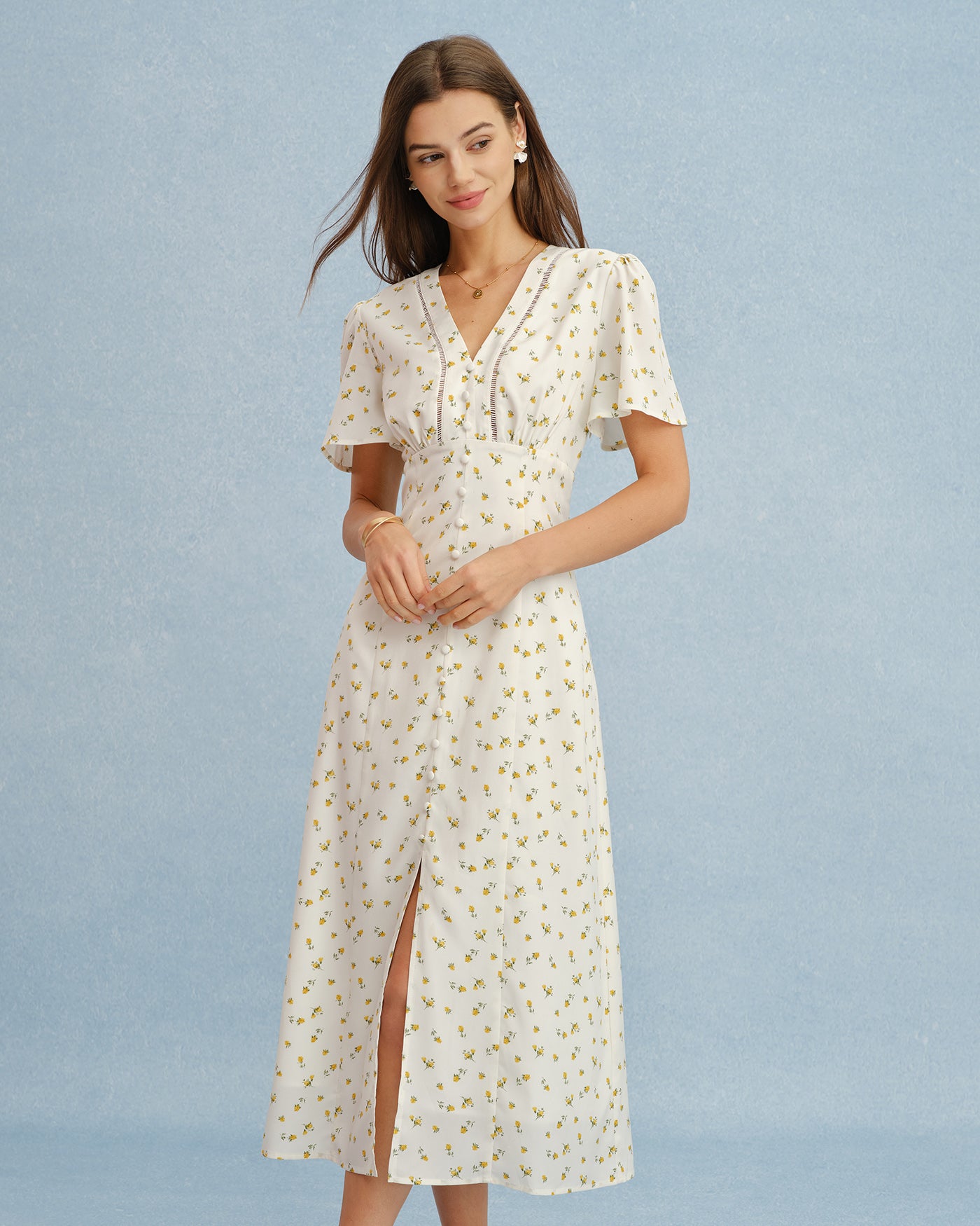Women's Woven Polyester Midi Dress Yellow Dresses - RIHOAS
