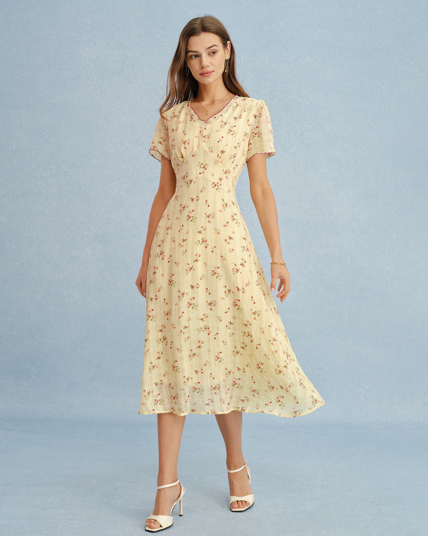 Women's Woven Polyester Midi Dress Yellow Dresses - RIHOAS