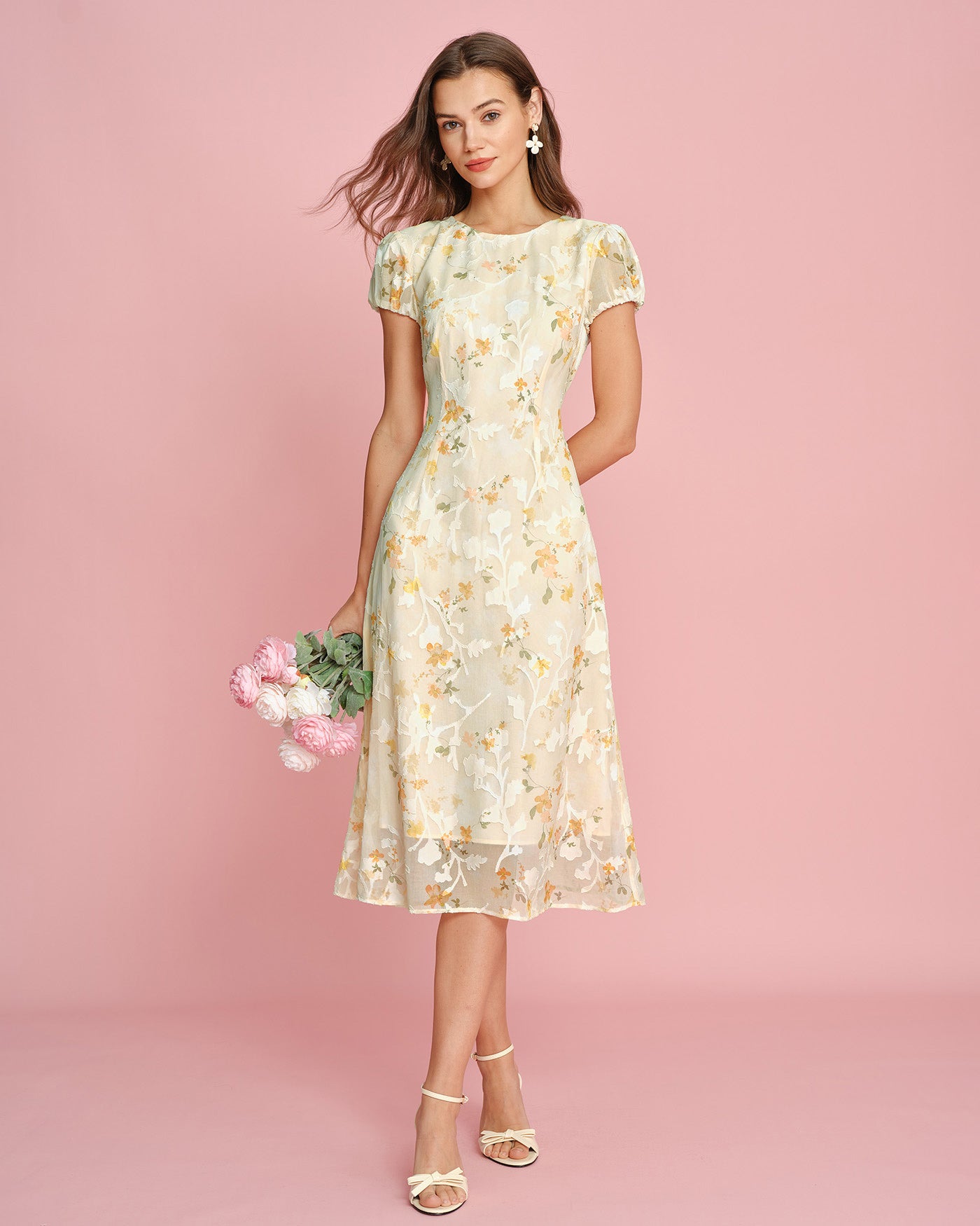 Women's Woven Polyester Midi Dress Yellow Dresses - RIHOAS