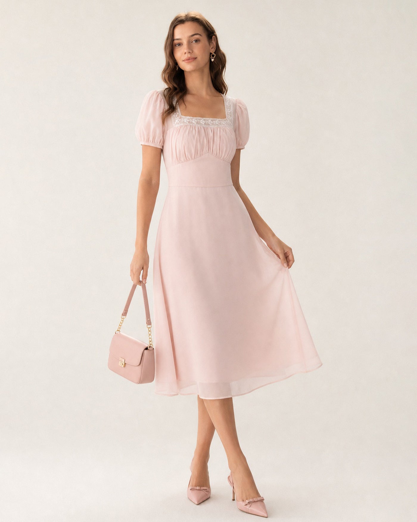 Women's Woven Polyester Midi Dresses Pink Dresses - RIHOAS