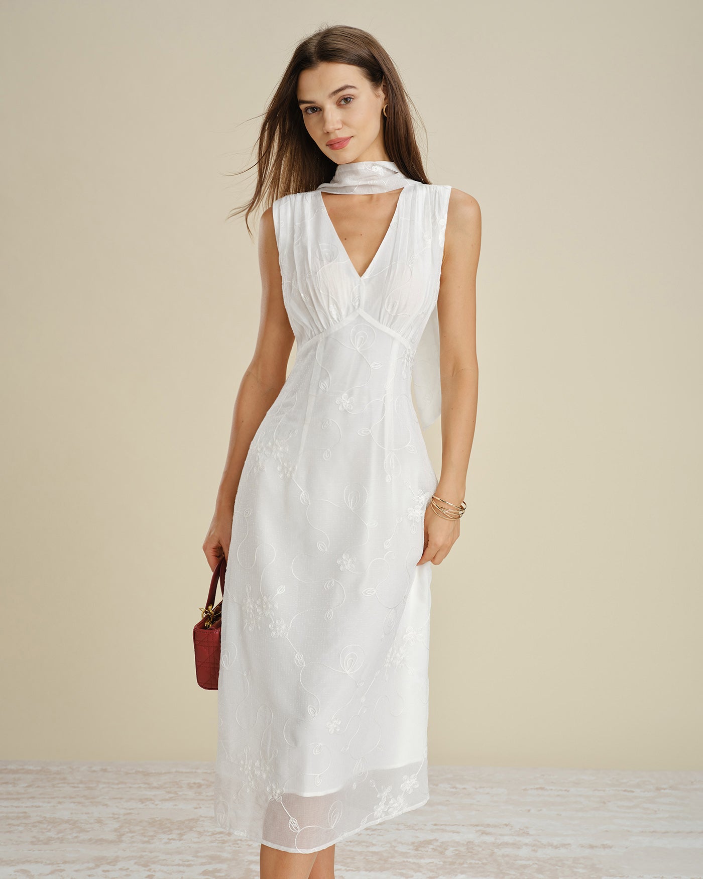 Women's Woven Polyester Midi Dresses White Dresses - RIHOAS