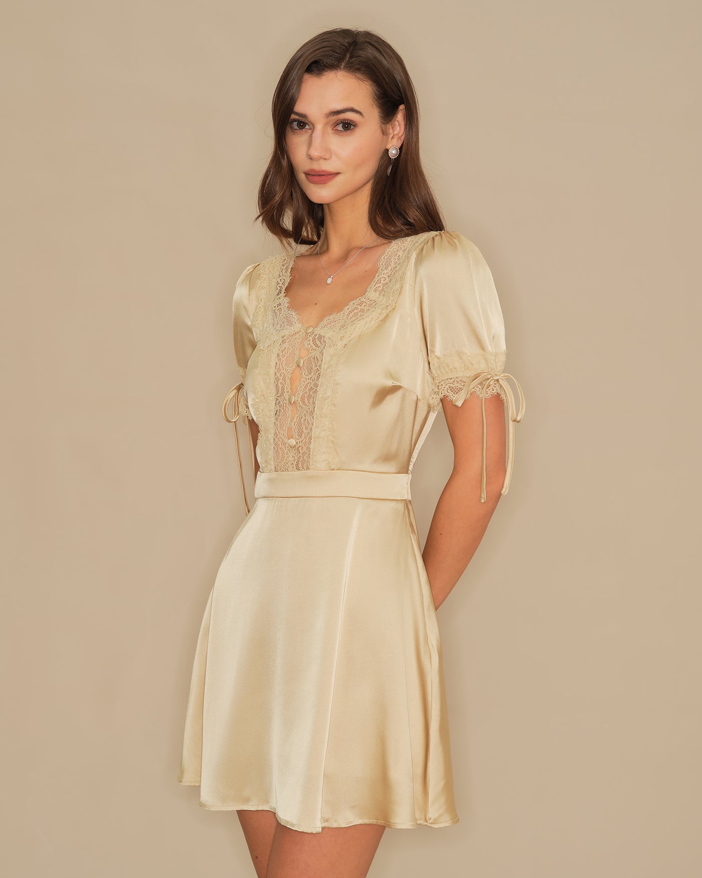 Women's Woven Polyester Mini Dress Apricot Dresses - RIHOAS