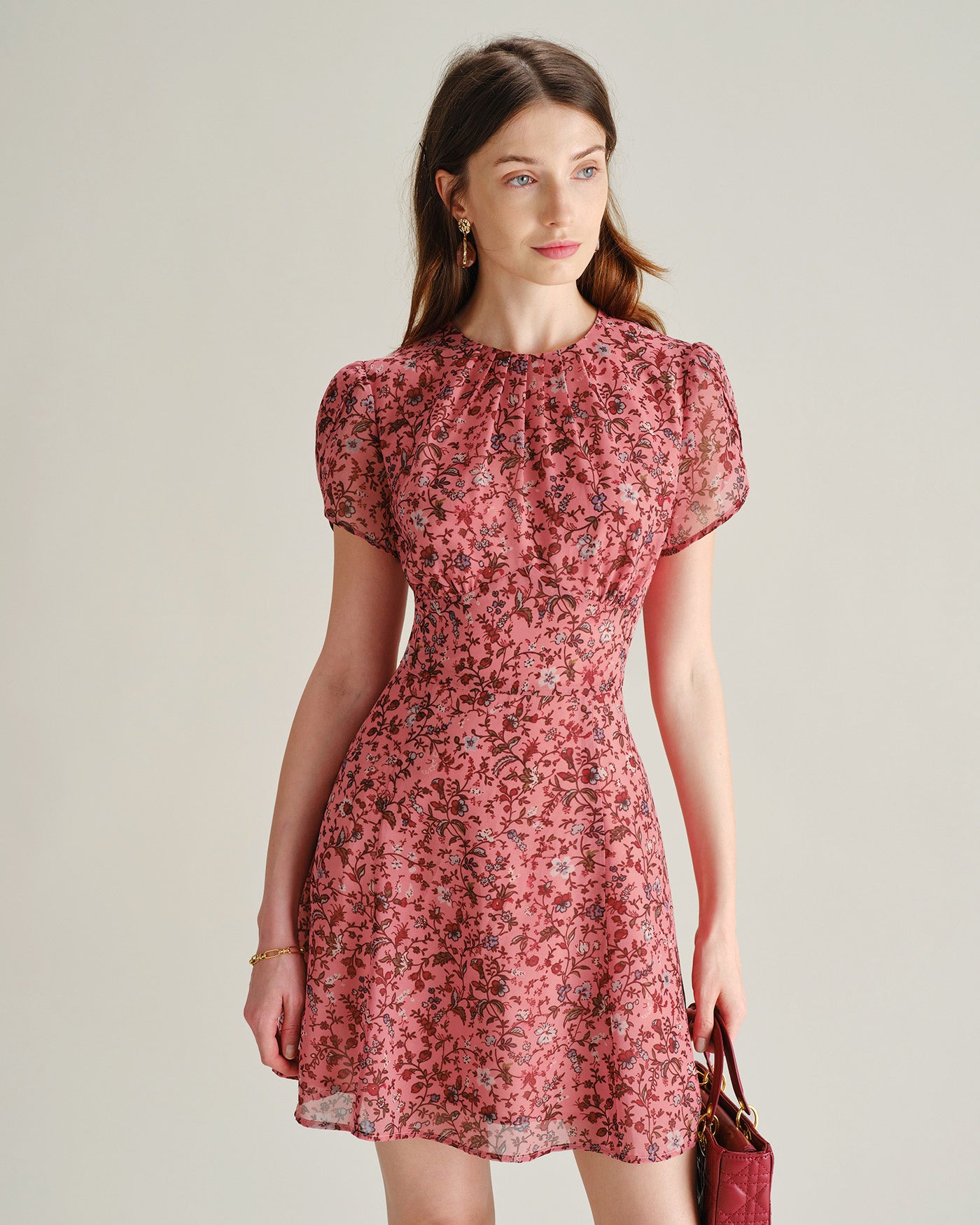 Women's Woven Polyester Mini Dress Pink Dresses - RIHOAS