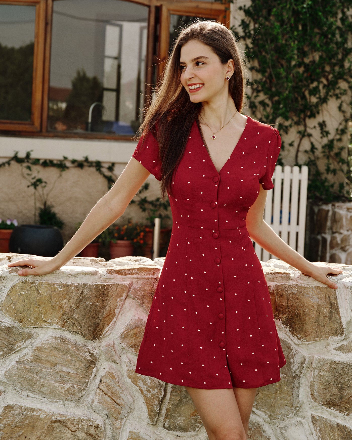 Women's Woven Polyester Mini Dress Wine Red Dresses - RIHOAS