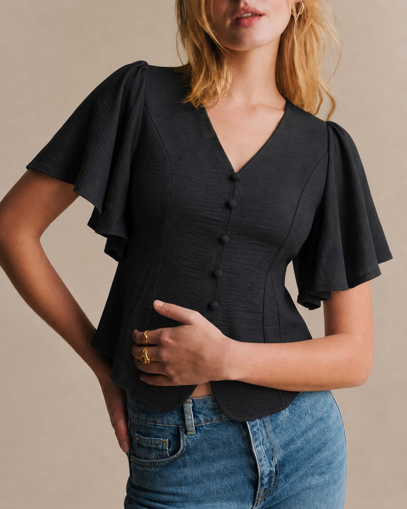 Women's Woven Polyester Top Black Tops - RIHOAS