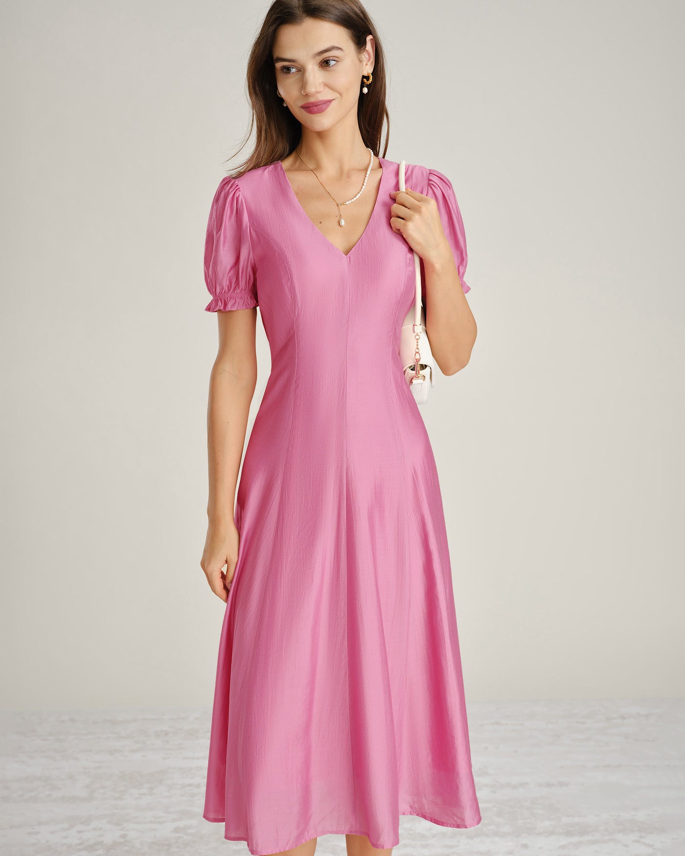 Women's Woven Viscose Midi Dresses Pink Dresses - RIHOAS
