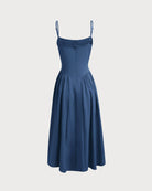 Navy Square Neck Pocket Slip Midi Dress