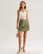 Green Satin Elastic Waist A-Line Mini Skirt