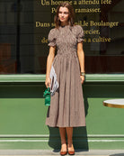 Coffee Plaid Shirred Puffed Sleeve Midi Dress