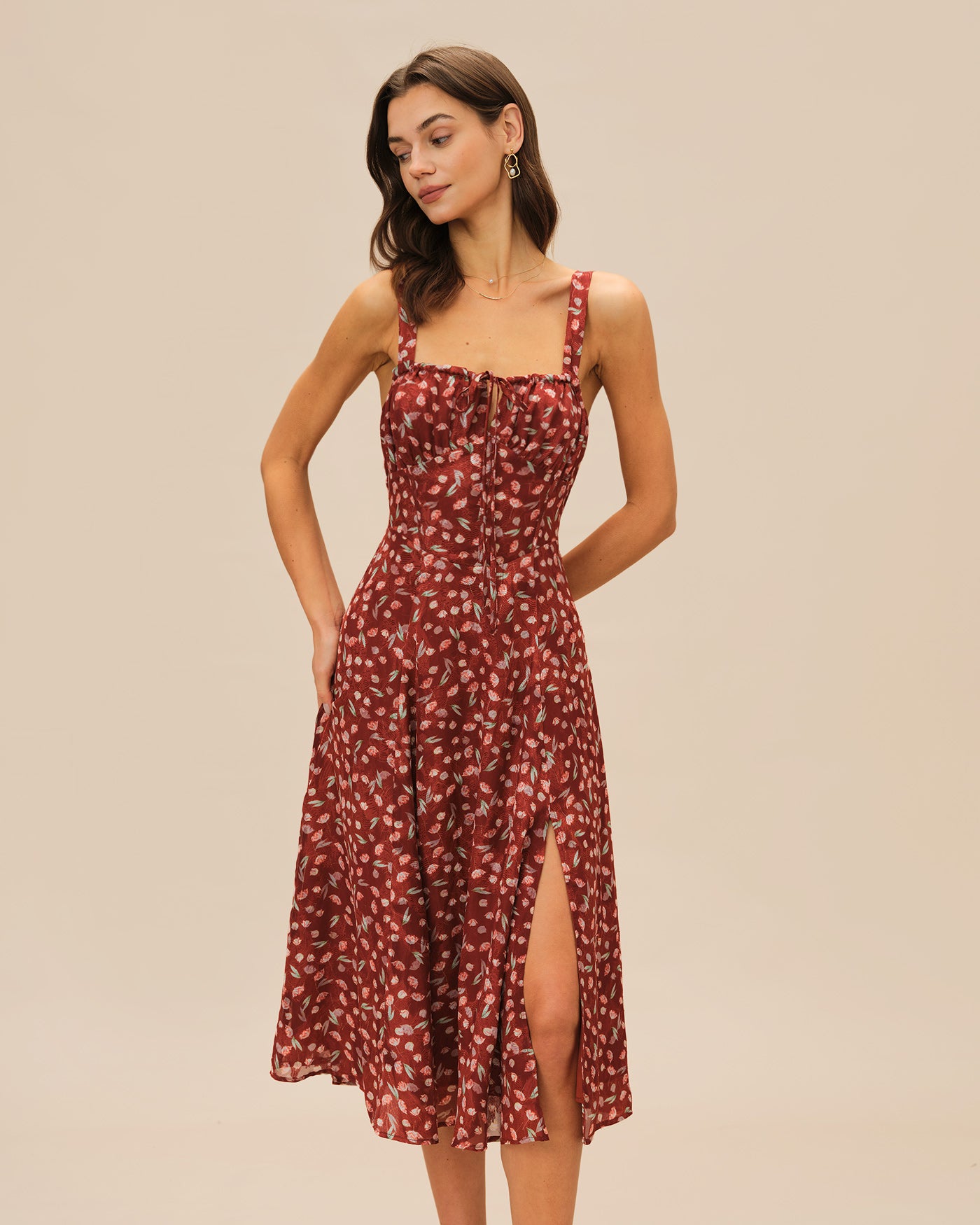 Women's Knit Polyester Midi Dress Wine Red Dresses - RIHOAS