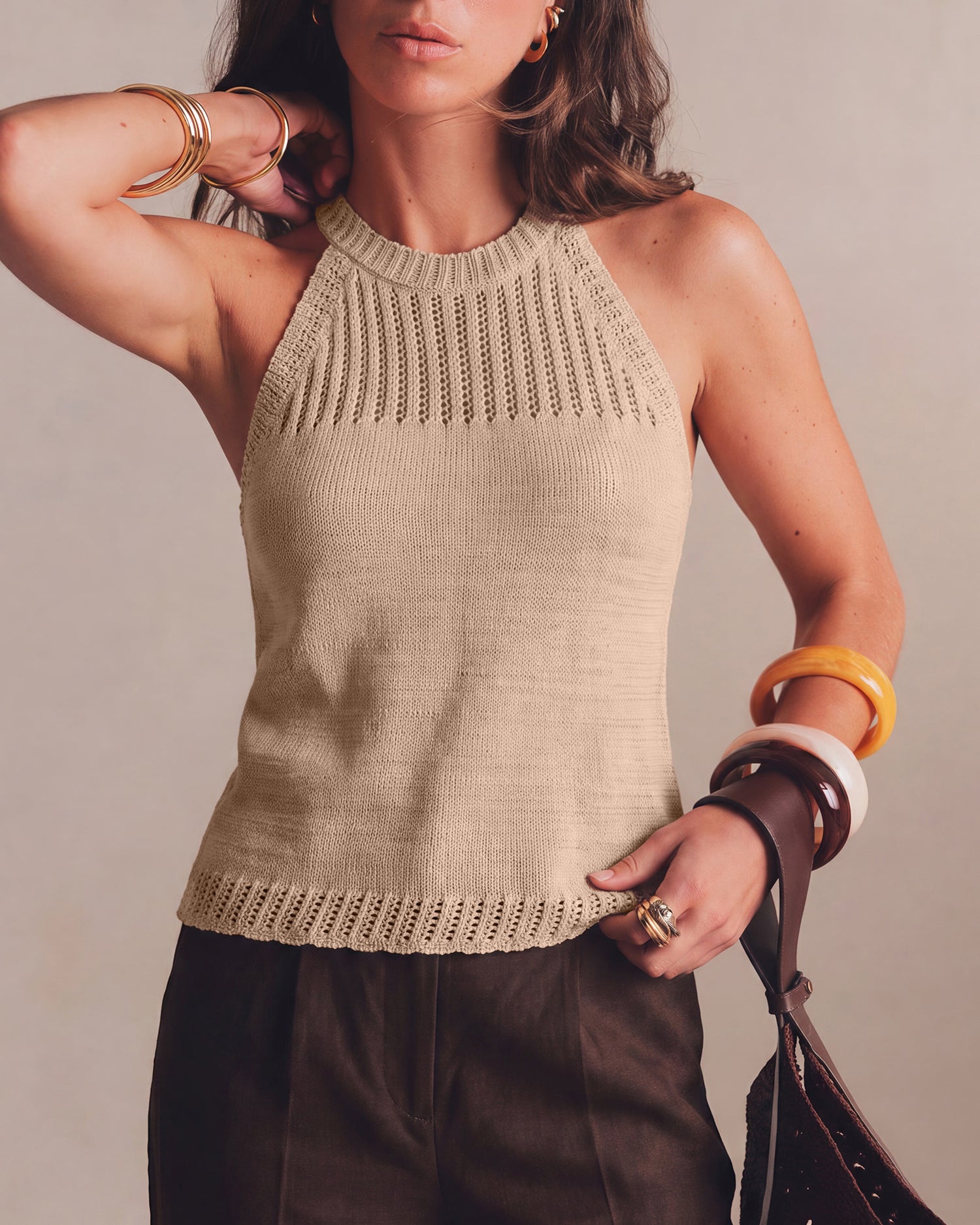Women's Knitted Viscose Top Khaki Tops - RIHOAS