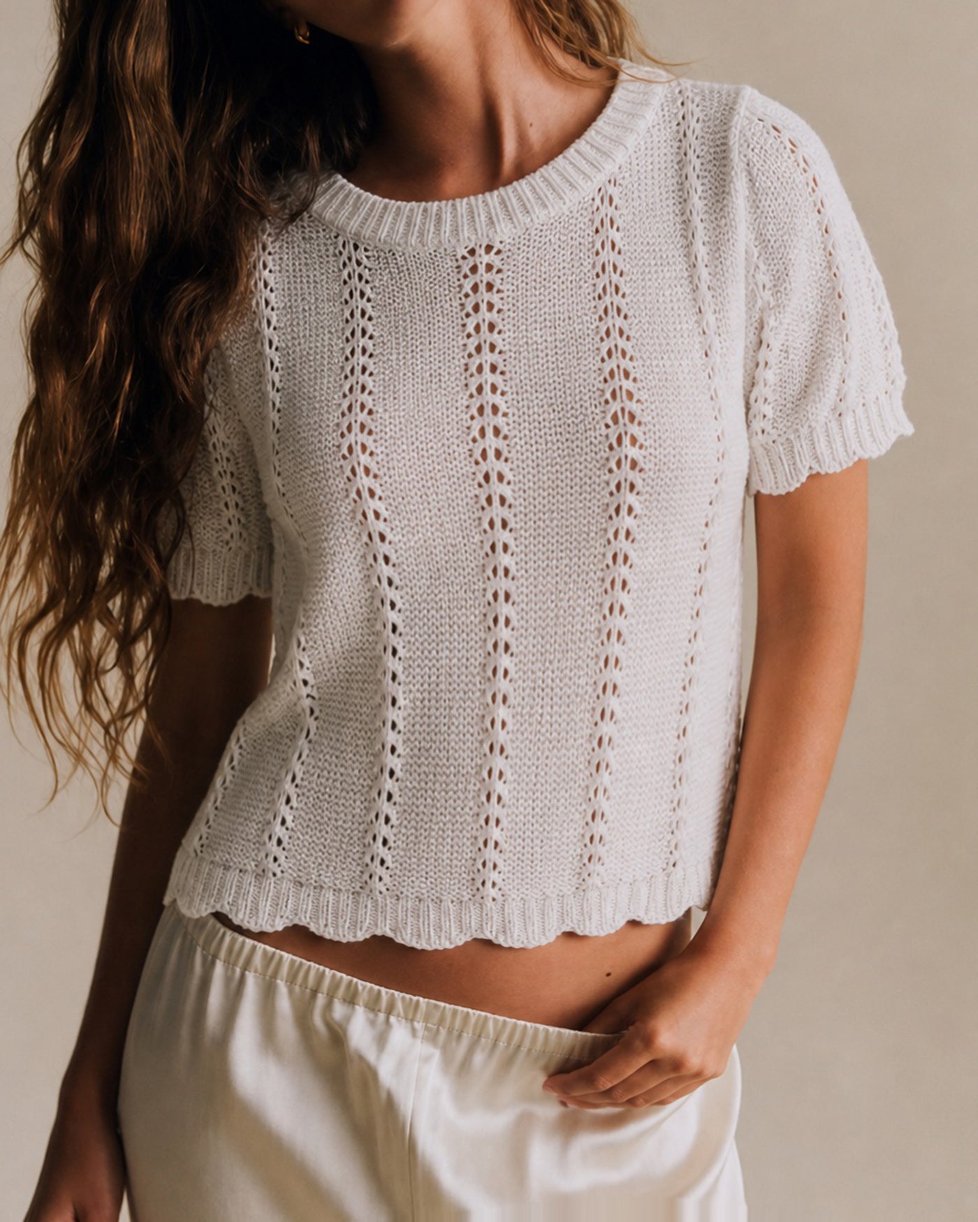 Women's Polyester Knit Sweater White Tops - RIHOAS