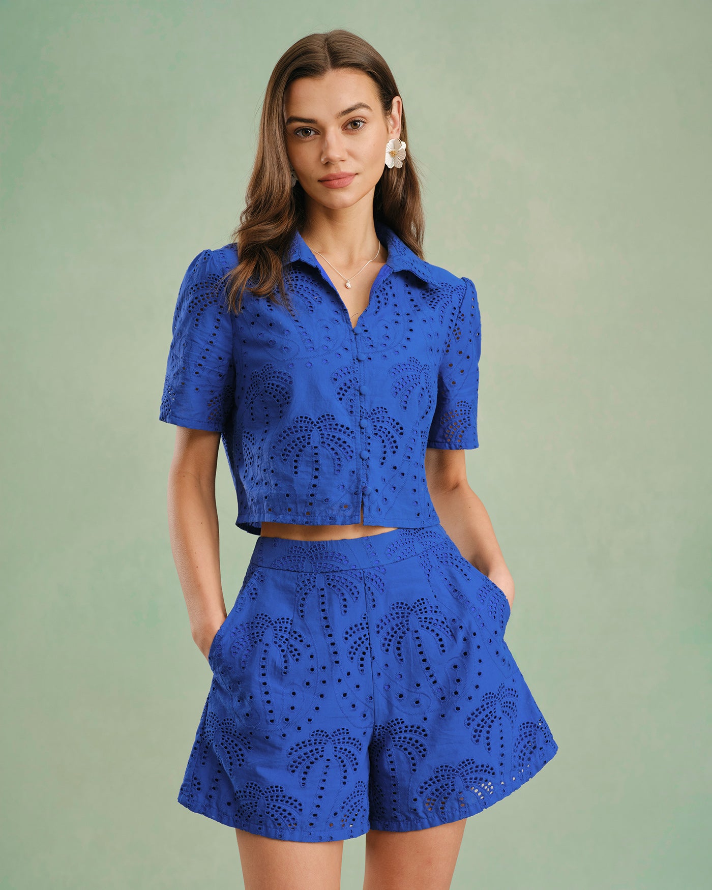 Women's Woven Cotton Blouses Blue Tops - RIHOAS