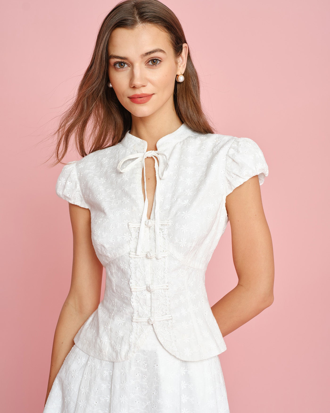 Women's Woven Cotton Blouses White Tops - RIHOAS