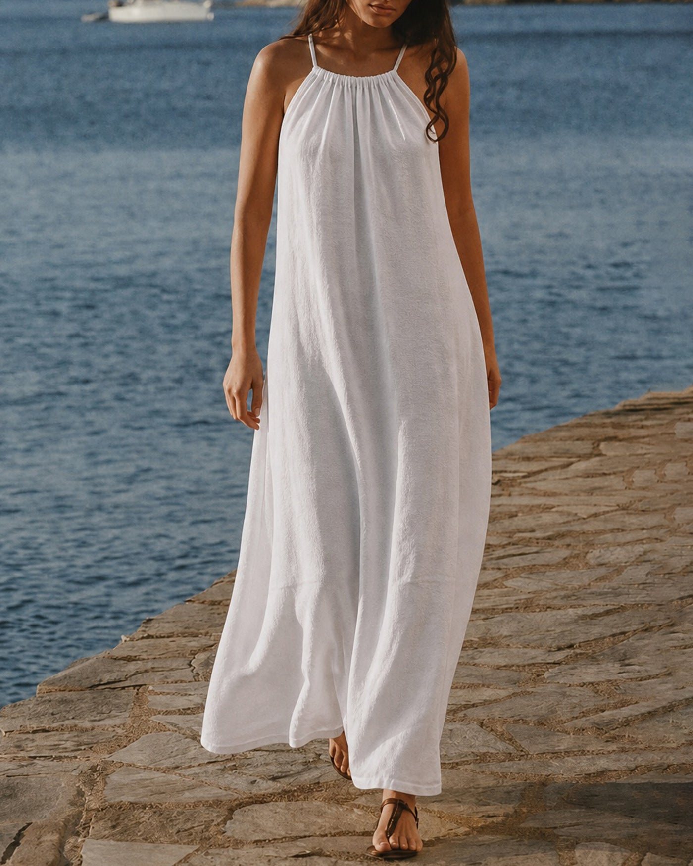 Women's  Woven Cotton Maxi Dress White Dresses - RIHOAS