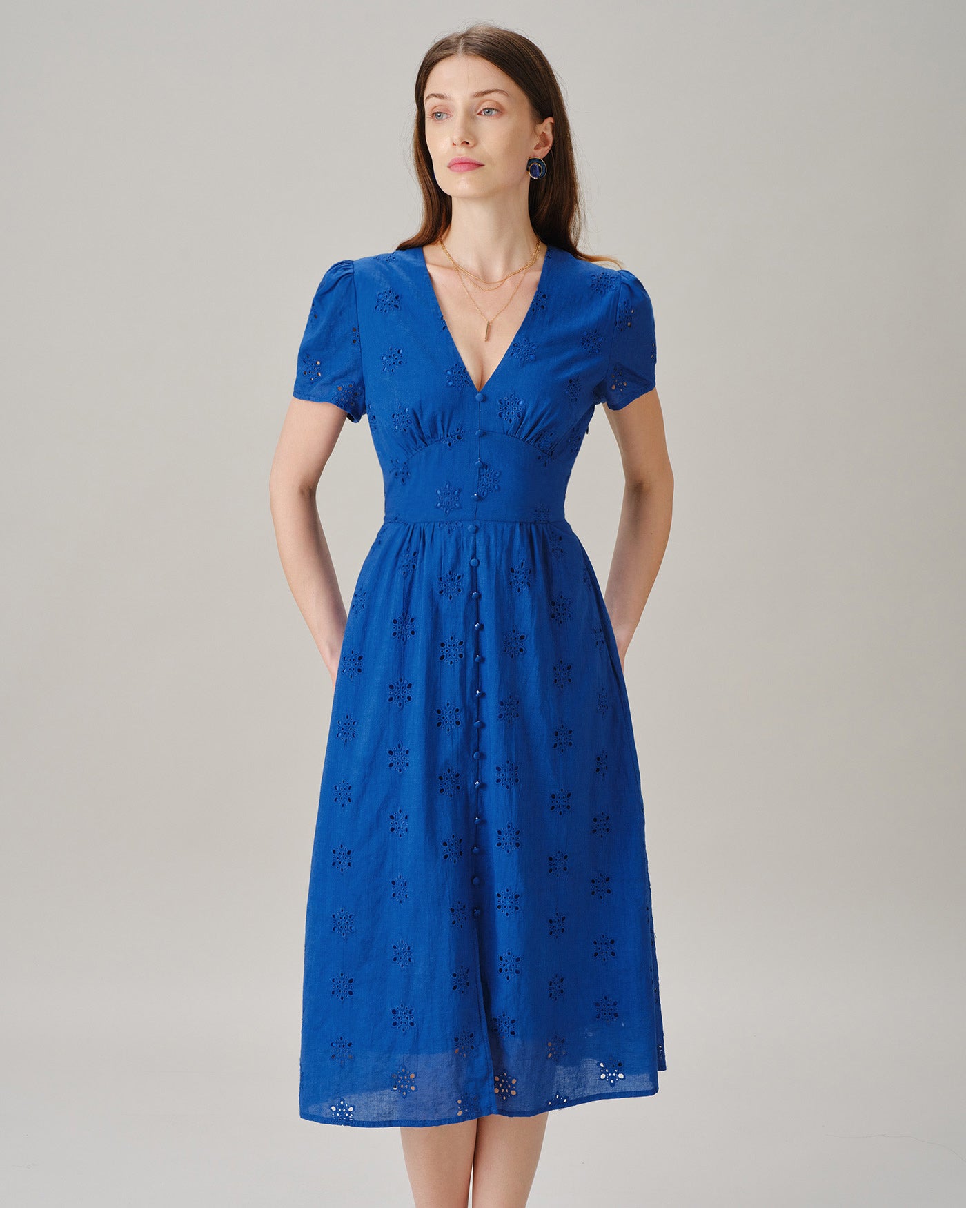 Women's Woven Cotton Midi Dress Blue Dresses - RIHOAS
